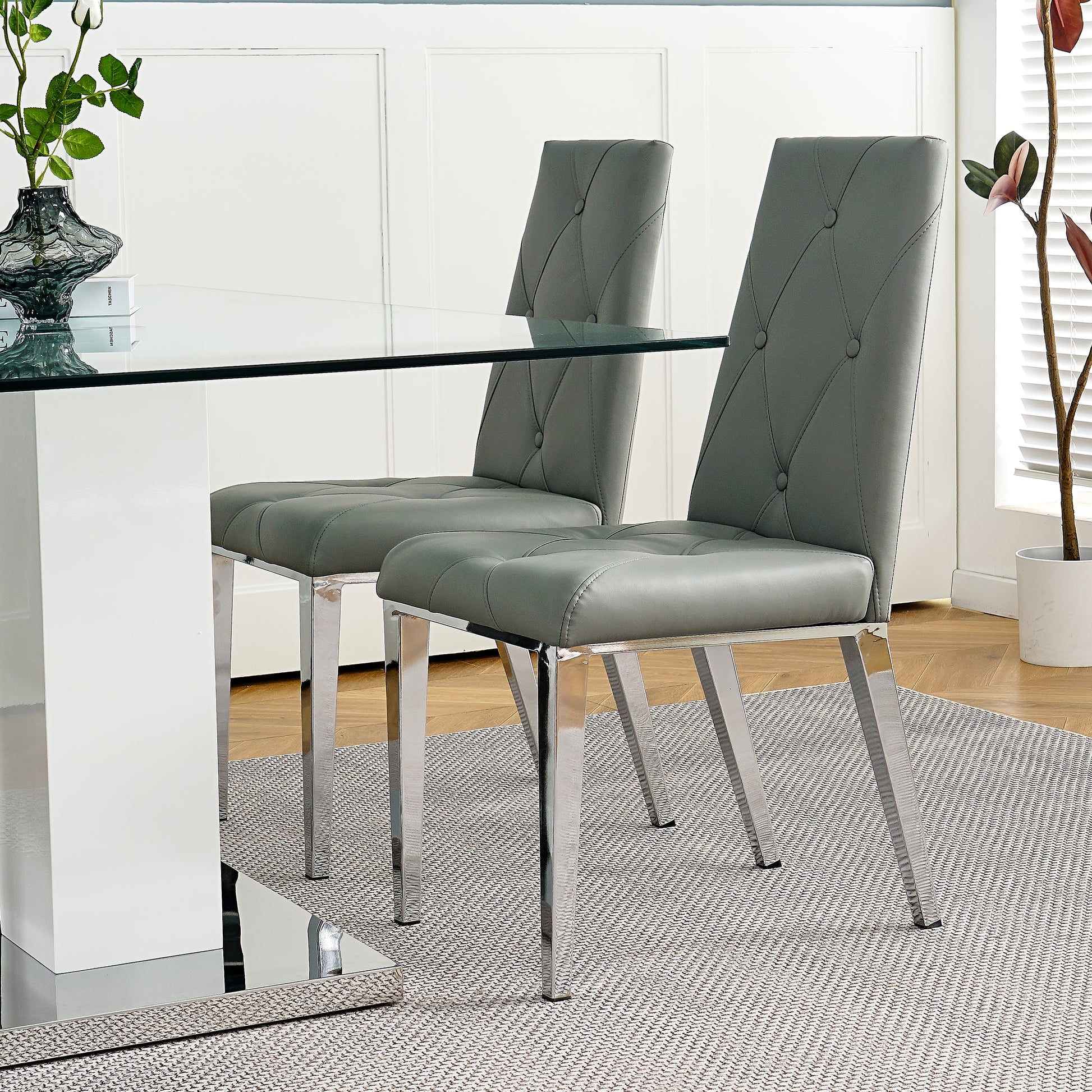 Modern Style Glass Table, Elegant Transparent Design, Durable Support Base, Solid, Selected Materials Made Of Furniture Display Fashion, Suitable For The Living Room Set Of 5 Grey Silver Seats 4 Mdf Glass