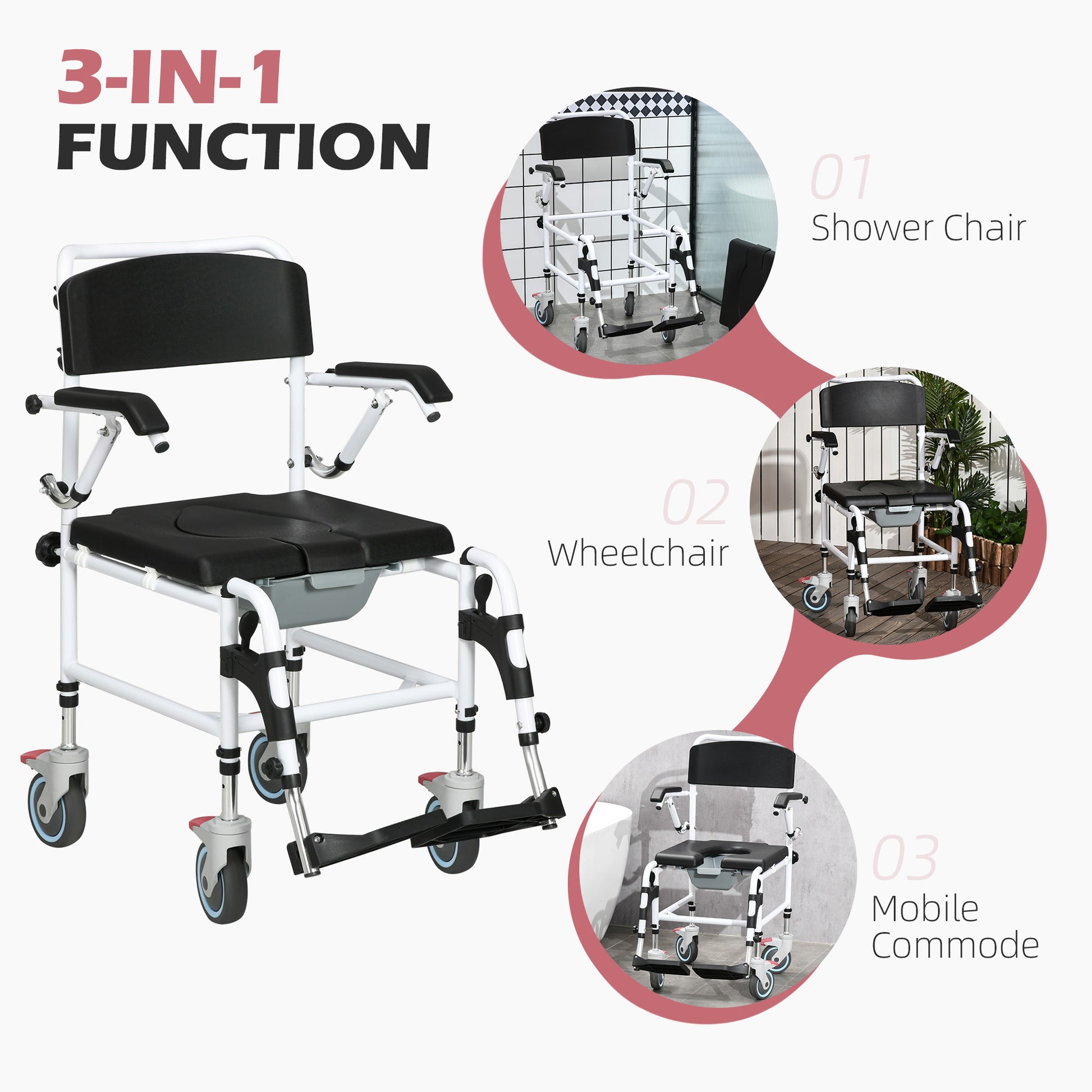 Accessibility Commode Wheelchair, Rolling Shower Wheelchair With 4 Castor Wheels, Rectangle Detachable Bucket, & Waterproof Design, 17" Seat Width, Black Black Pu Leather