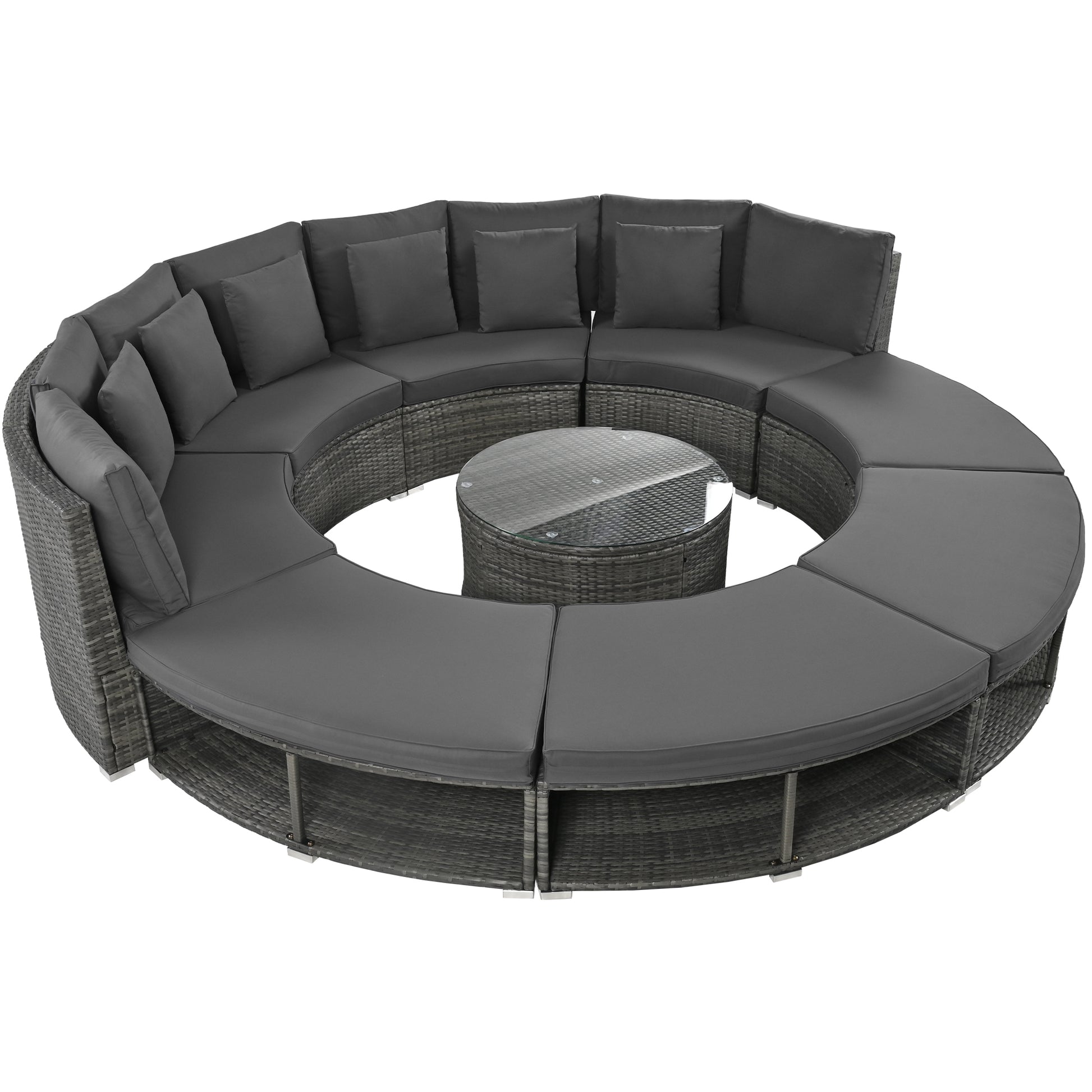 Outdoor Patio Furniture Luxury Circular Outdoor Sofa Set Rattan Wicker Sectional Sofa Lounge Set With Tempered Glass Coffee Table, 6 Pillows, Grey Yes Grey Water Resistant Frame Water Resistant Cushion Garden & Outdoor Sectional Seating Groups Foam