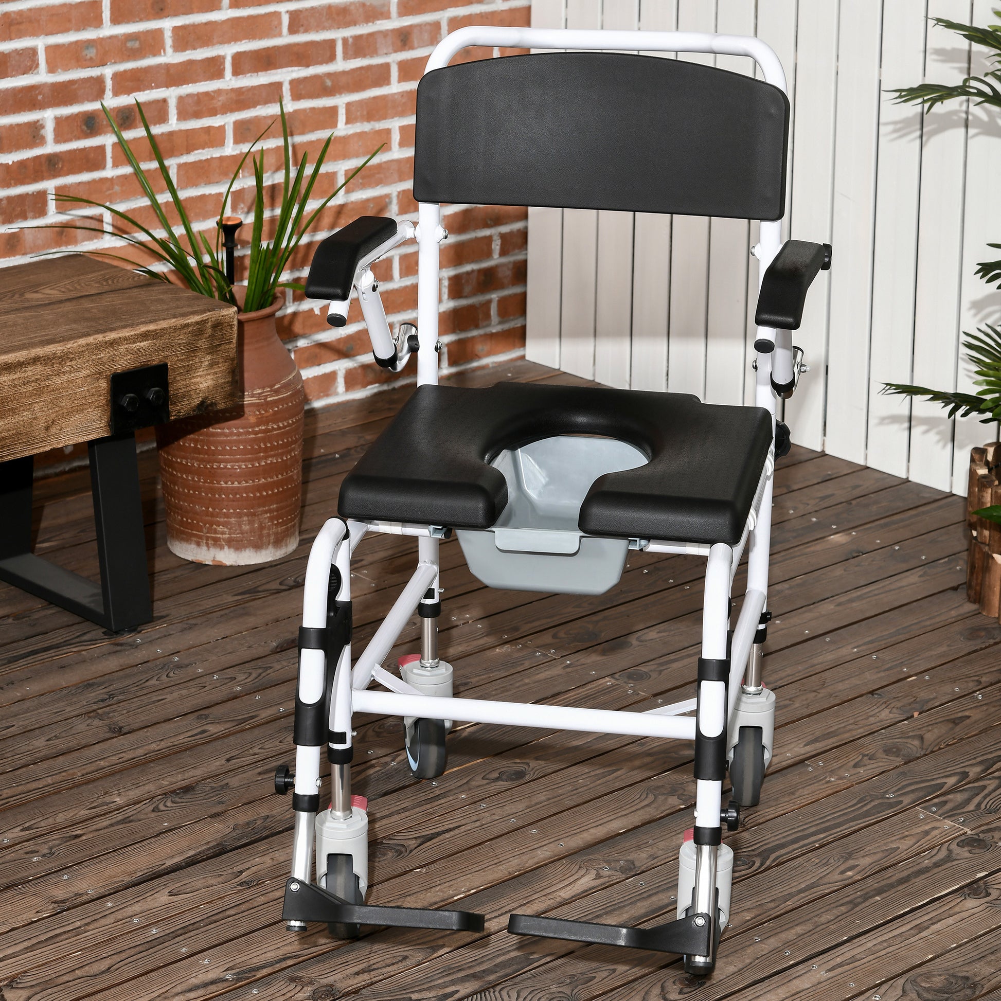 Accessibility Commode Wheelchair, Rolling Shower Wheelchair With 4 Castor Wheels, Rectangle Detachable Bucket, & Waterproof Design, 17" Seat Width, Black Black Pu Leather