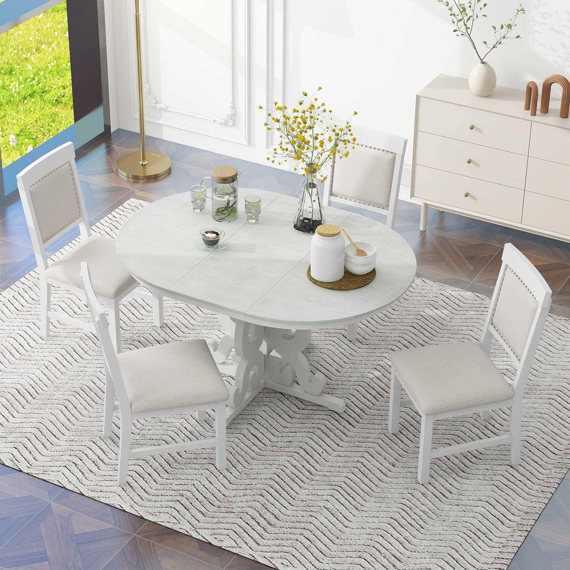 5 Piece Retro Functional Dining Set, 1 Extendable Table With A 16 Inch Leaf And 4 Upholstered Chairs For Dining Room And Kitchen Antique White Antique White Solid Wood
