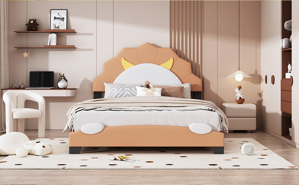 Full Size Upholstered Leather Platform Bed With Lion Shaped Headboard, Brown Brown Upholstered