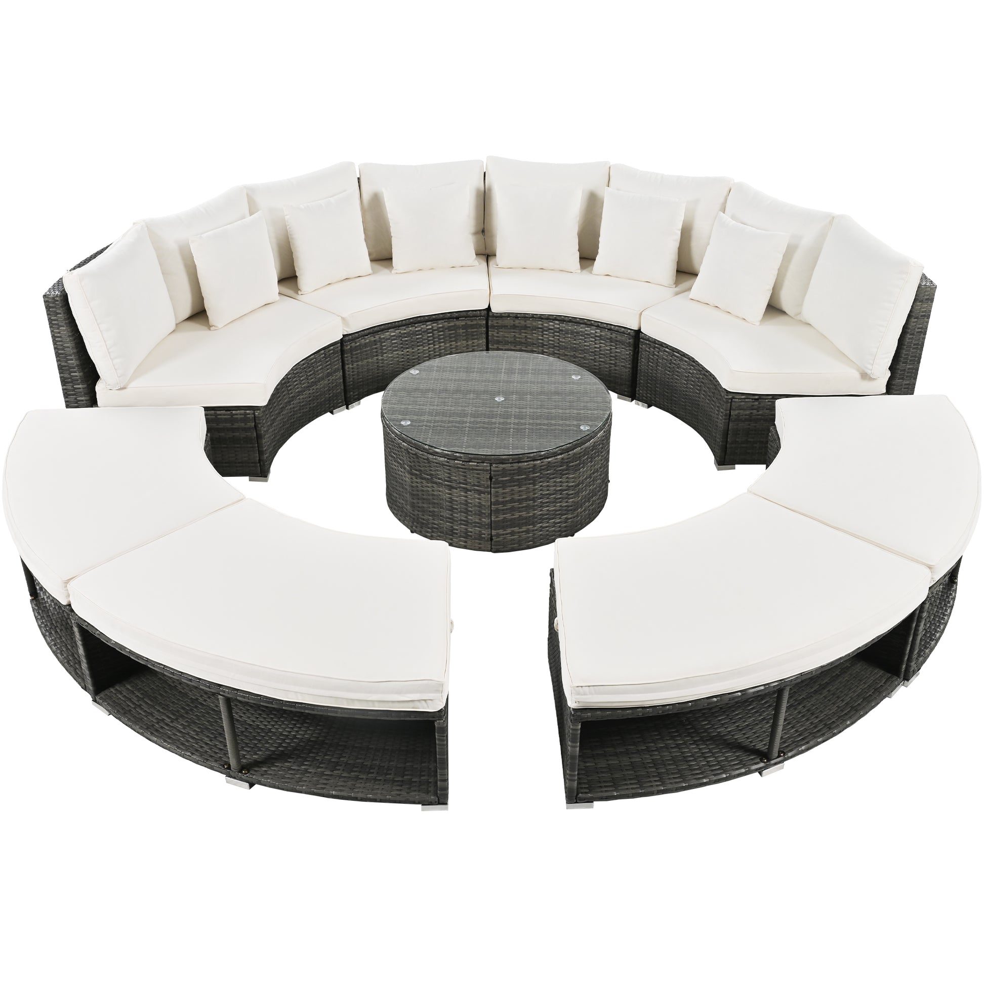 Outdoor Patio Furniture Luxury Circular Outdoor Sofa Set Rattan Wicker Sectional Sofa Lounge Set With Tempered Glass Coffee Table, 6 Pillows,Beige Yes Beige Water Resistant Frame Water Resistant Cushion Garden & Outdoor Sectional Seating Groups Foam