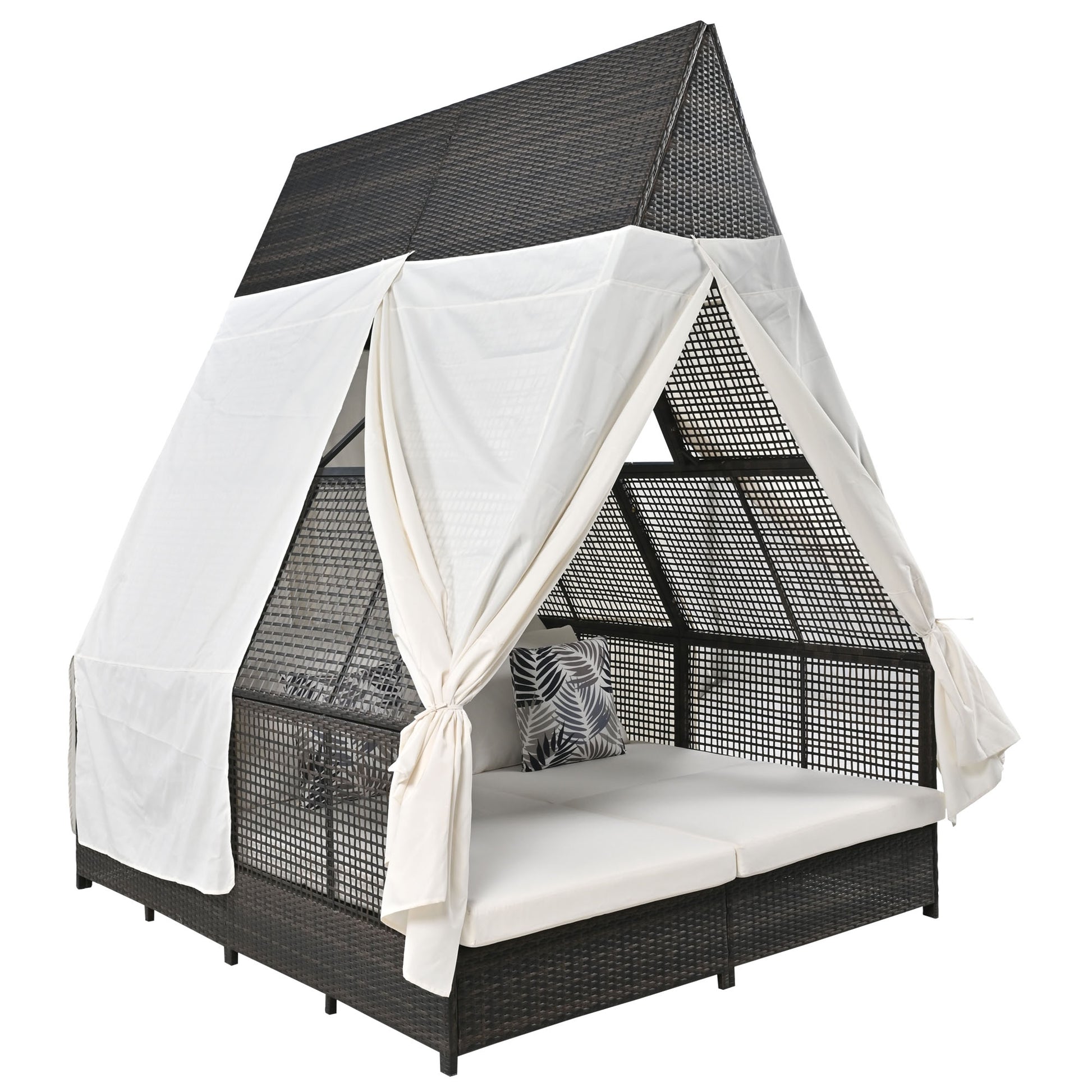 Outdoor Daybed Patio Lounge Bed With Adjustable Backrest Outdoor Double Sun Lounger With Curtains, 4 Pillows For Garden Patio Poolside Balcony Beach, Cream Yes Cream Water Resistant Frame Water Resistant Cushion Garden & Outdoor Sectional Seating Groups