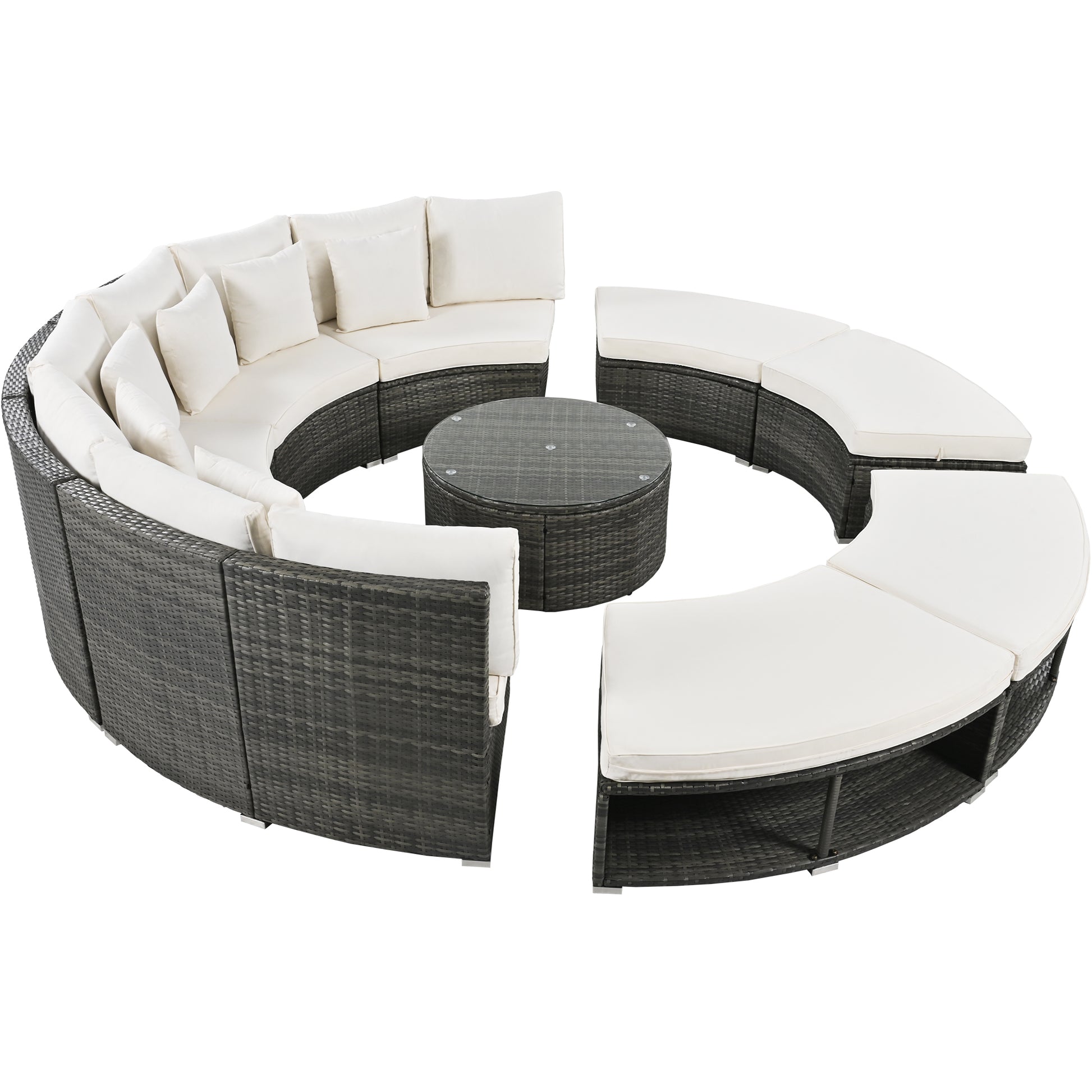 Outdoor Patio Furniture Luxury Circular Outdoor Sofa Set Rattan Wicker Sectional Sofa Lounge Set With Tempered Glass Coffee Table, 6 Pillows,Beige Yes Beige Water Resistant Frame Water Resistant Cushion Garden & Outdoor Sectional Seating Groups Foam
