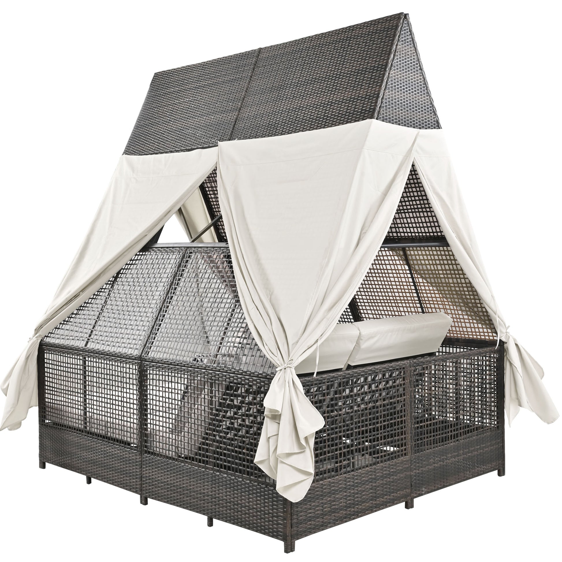 Outdoor Daybed Patio Lounge Bed With Adjustable Backrest Outdoor Double Sun Lounger With Curtains, 4 Pillows For Garden Patio Poolside Balcony Beach, Beige Yes Beige Water Resistant Frame Water Resistant Cushion Garden & Outdoor Sectional Seating Groups