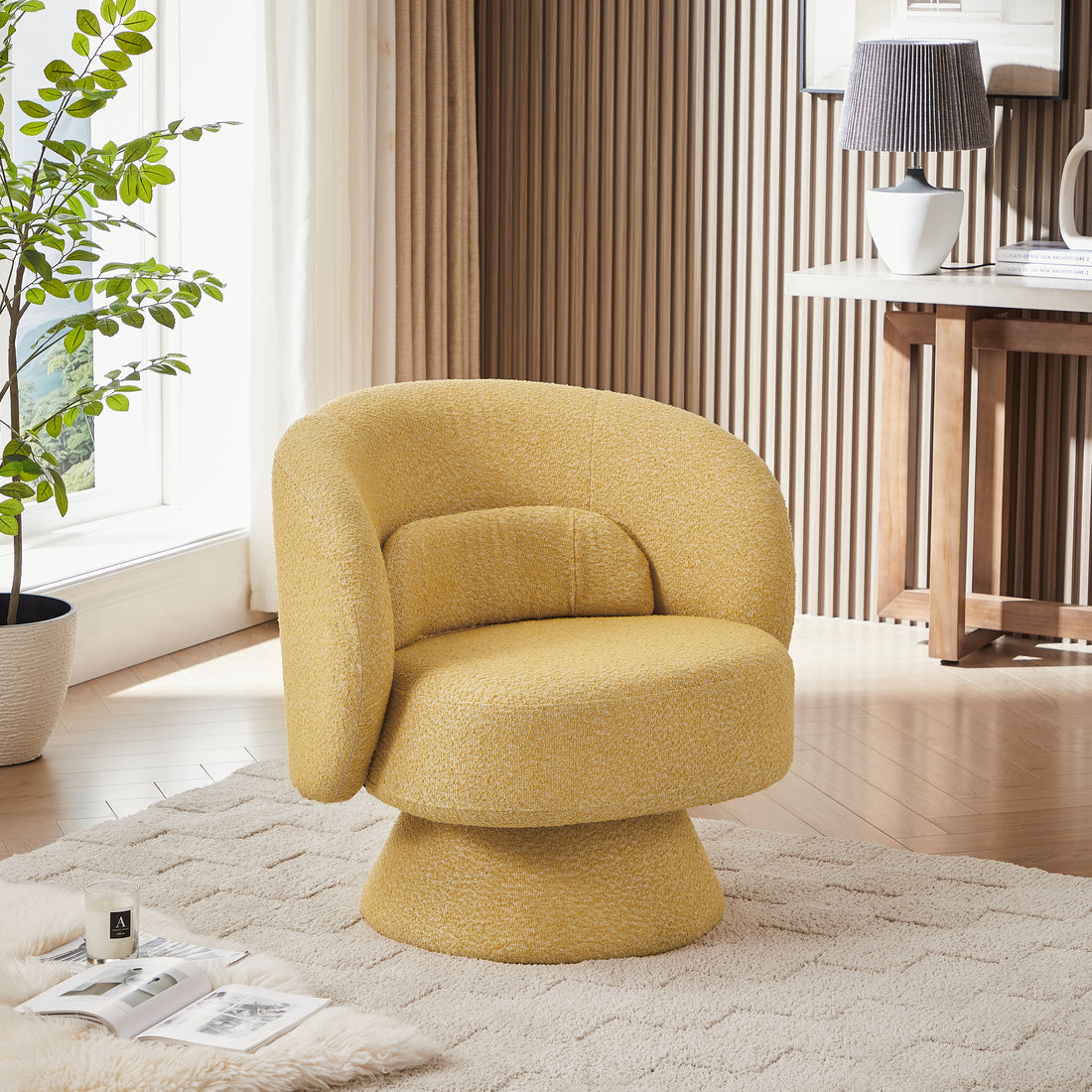 360 Degree Swivel Sherpa Accent Chair Modern Style Barrel Chair With Toss Pillows For Home Office, Living Room, Bedroom, Yellow Yellow Primary Living Space Foam Fabric