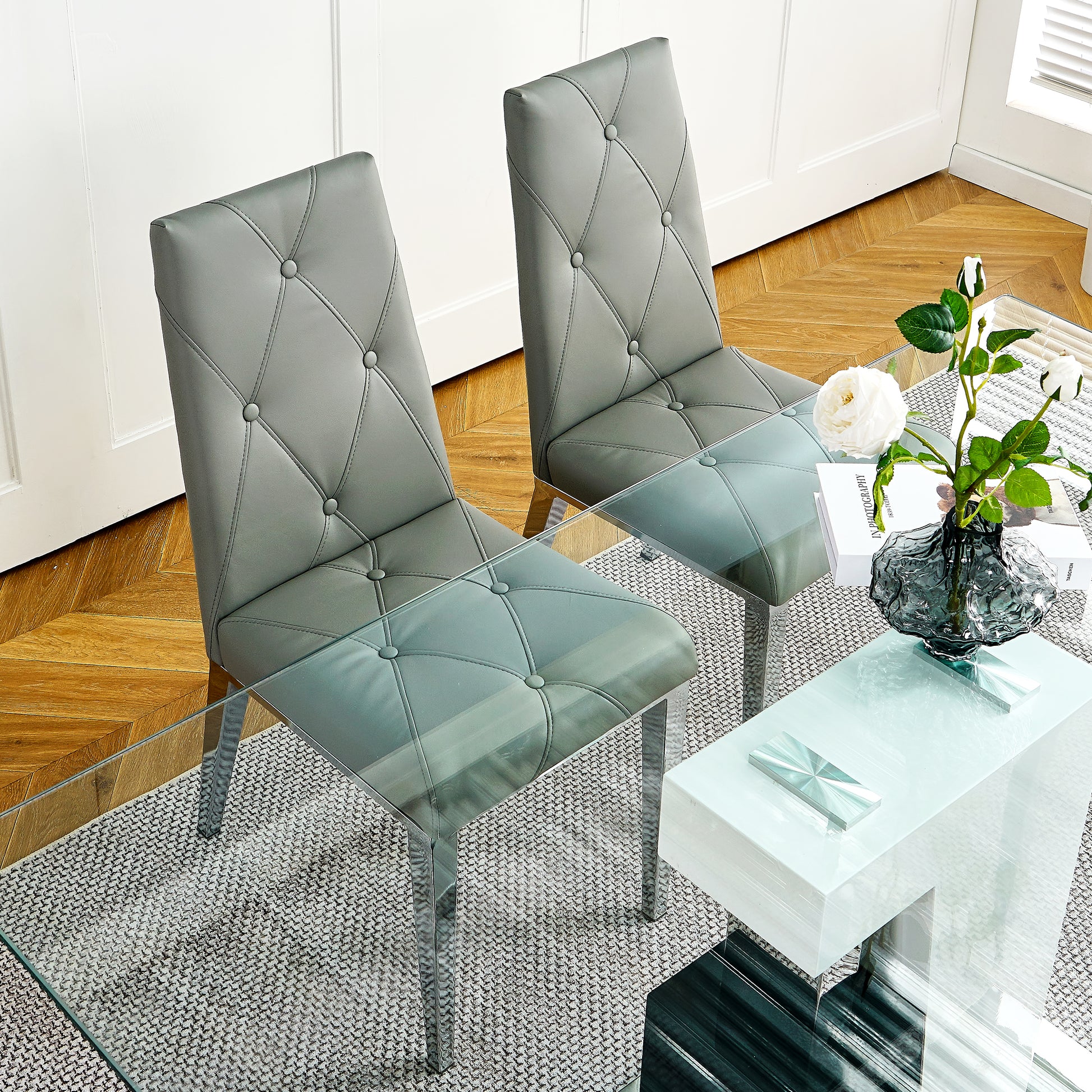 Modern Style Glass Table, Elegant Transparent Design, Durable Support Base, Solid, Selected Materials Made Of Furniture Display Fashion, Suitable For The Living Room Set Of 5 Grey Silver Seats 4 Mdf Glass