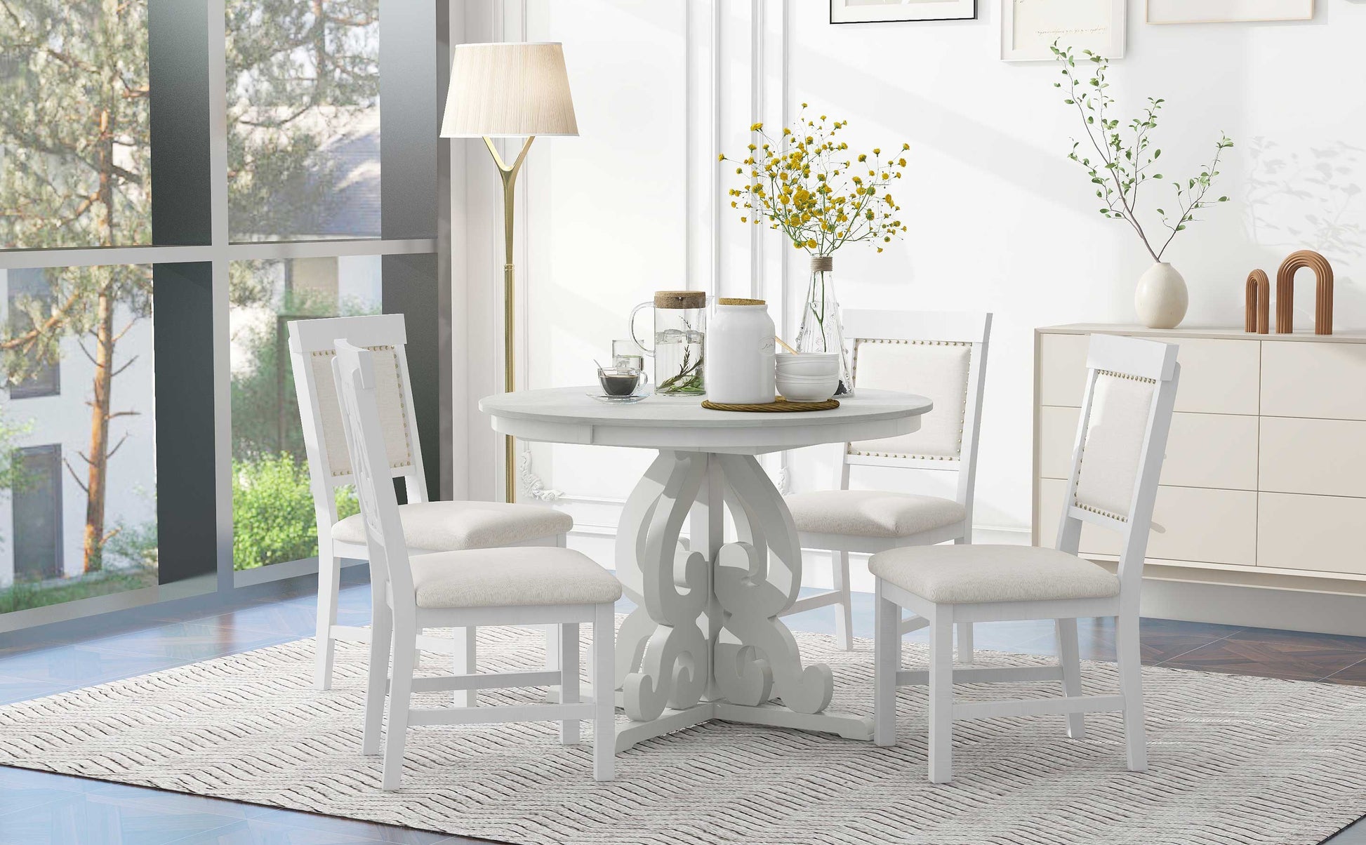 5 Piece Retro Functional Dining Set, 1 Extendable Table With A 16 Inch Leaf And 4 Upholstered Chairs For Dining Room And Kitchen Antique White Antique White Solid Wood