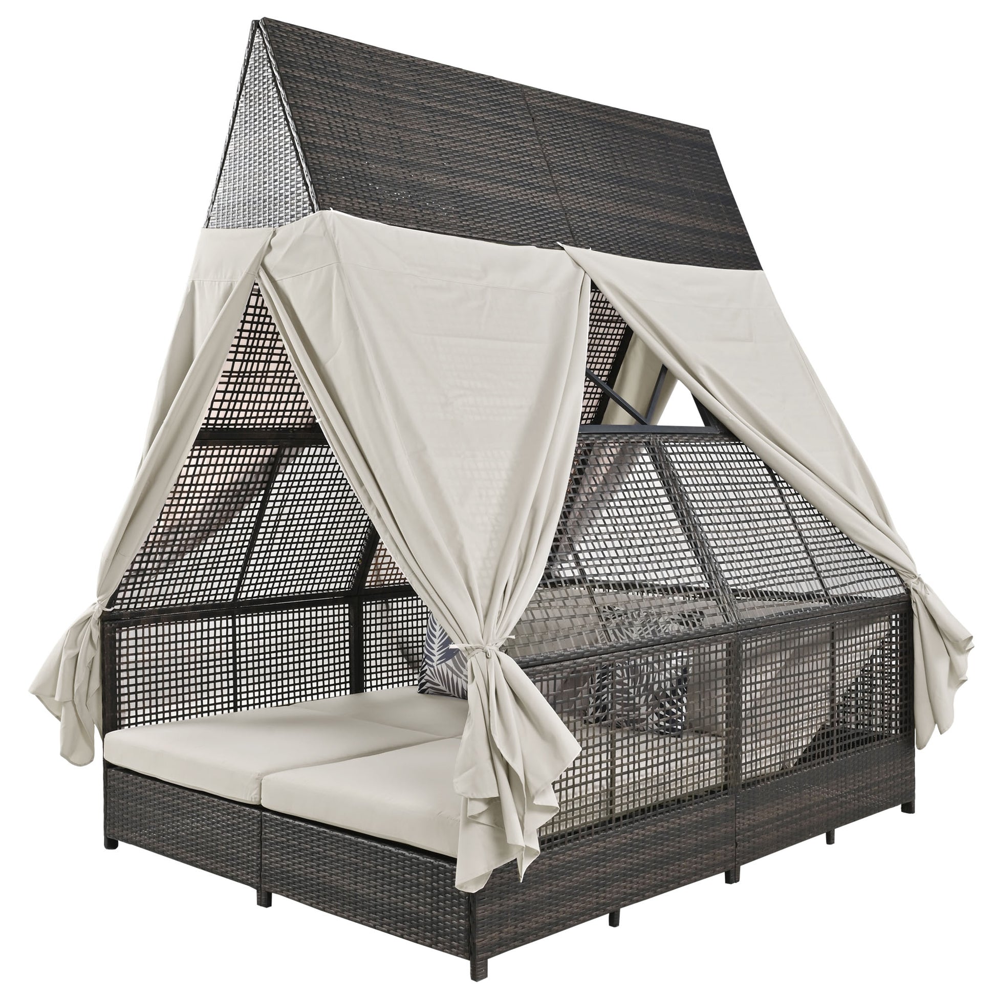 Outdoor Daybed Patio Lounge Bed With Adjustable Backrest Outdoor Double Sun Lounger With Curtains, 4 Pillows For Garden Patio Poolside Balcony Beach, Beige Yes Beige Water Resistant Frame Water Resistant Cushion Garden & Outdoor Sectional Seating Groups