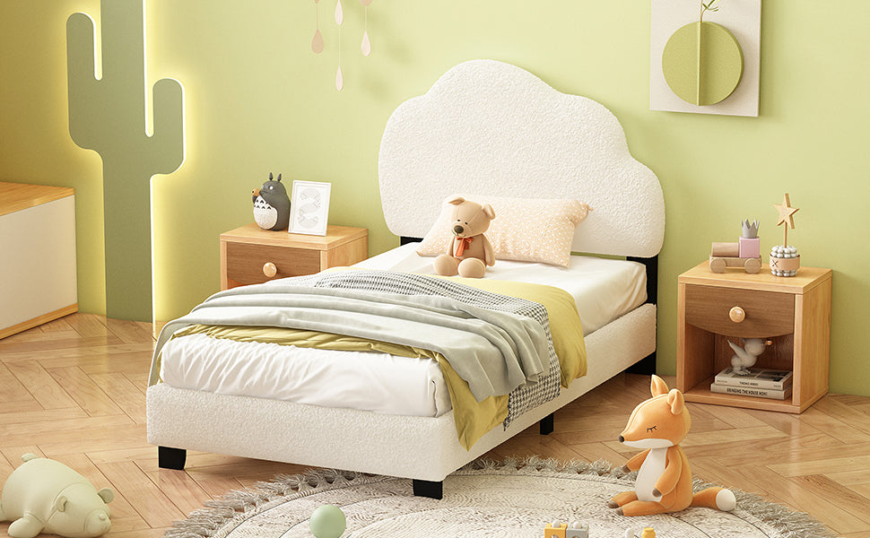 Twin Size Upholstered Boucle Fabric Platform Bed With Cloud Shaped Headboard White Upholstered