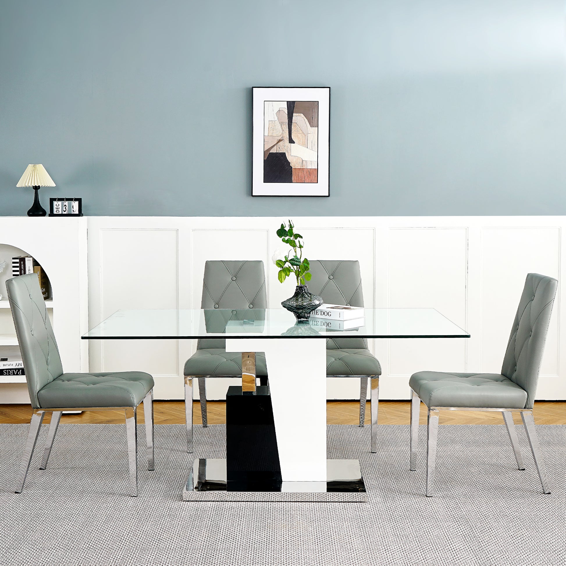 Modern Style Glass Table, Elegant Transparent Design, Durable Support Base, Solid, Selected Materials Made Of Furniture Display Fashion, Suitable For The Living Room Set Of 5 Grey Silver Seats 4 Mdf Glass