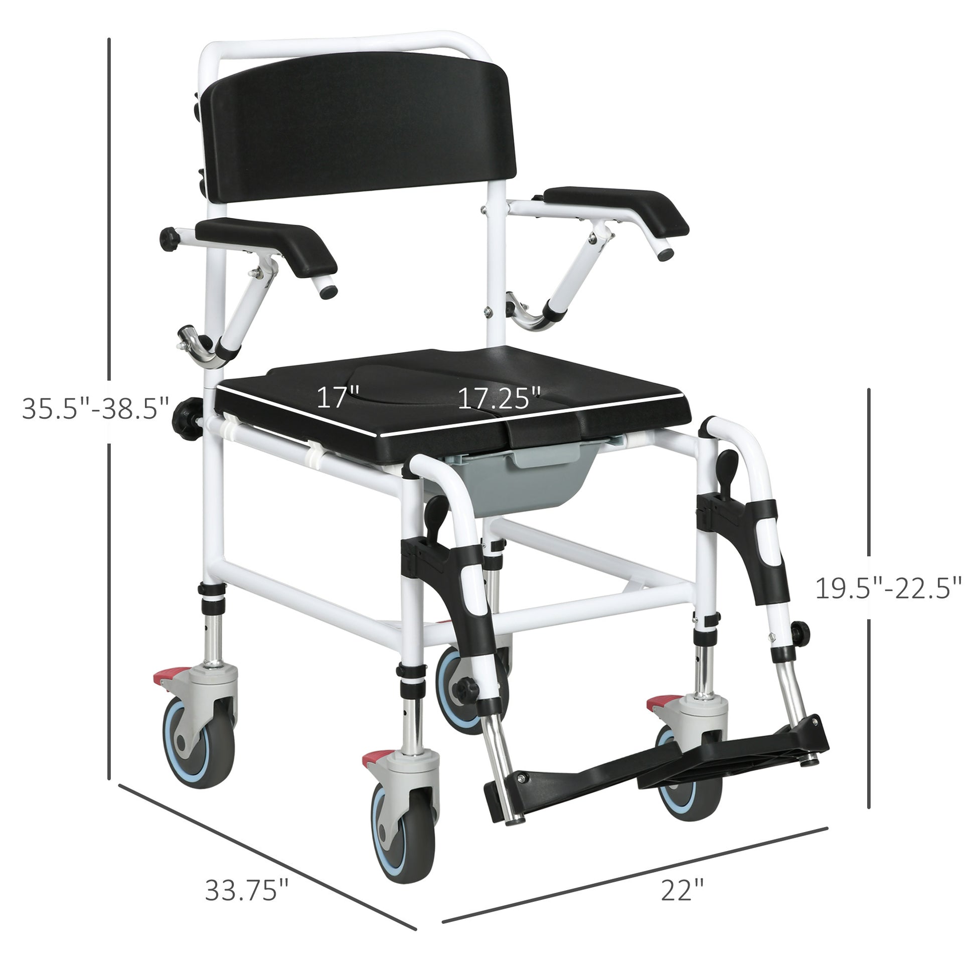 Accessibility Commode Wheelchair, Rolling Shower Wheelchair With 4 Castor Wheels, Rectangle Detachable Bucket, & Waterproof Design, 17" Seat Width, Black Black Pu Leather