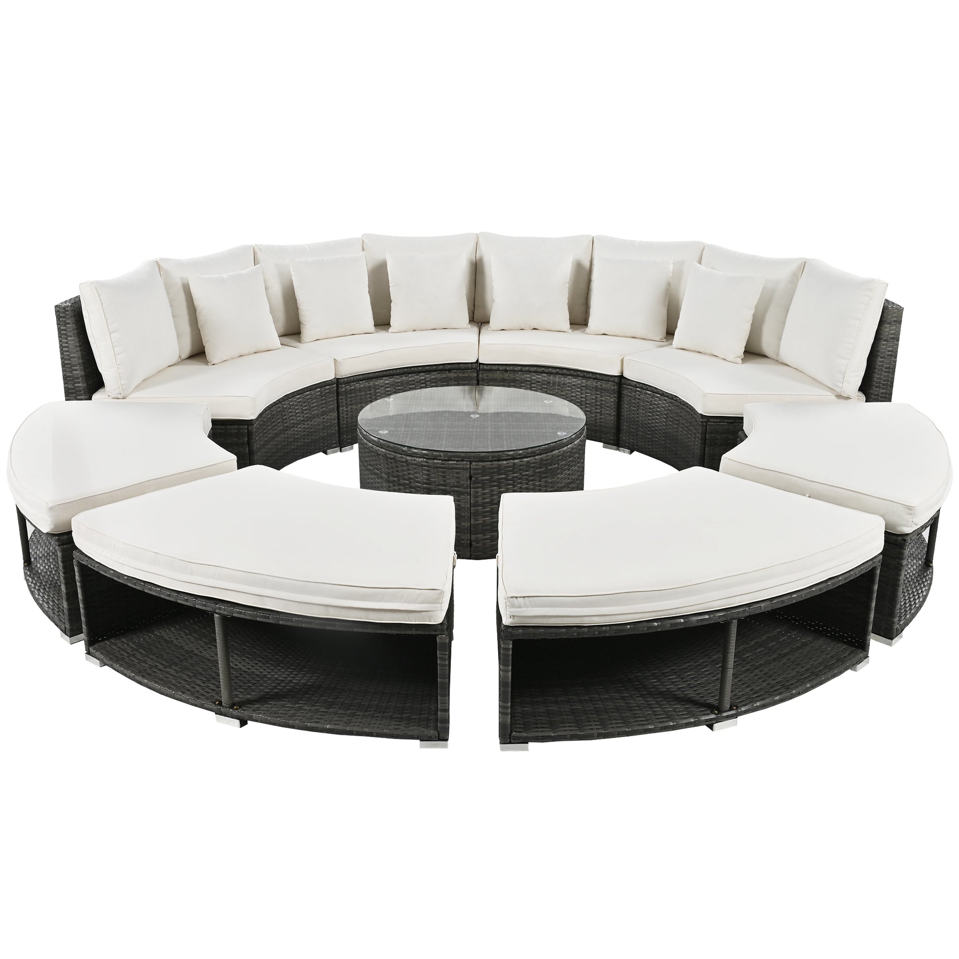 Outdoor Patio Furniture Luxury Circular Outdoor Sofa Set Rattan Wicker Sectional Sofa Lounge Set With Tempered Glass Coffee Table, 6 Pillows,Beige Yes Beige Water Resistant Frame Water Resistant Cushion Garden & Outdoor Sectional Seating Groups Foam