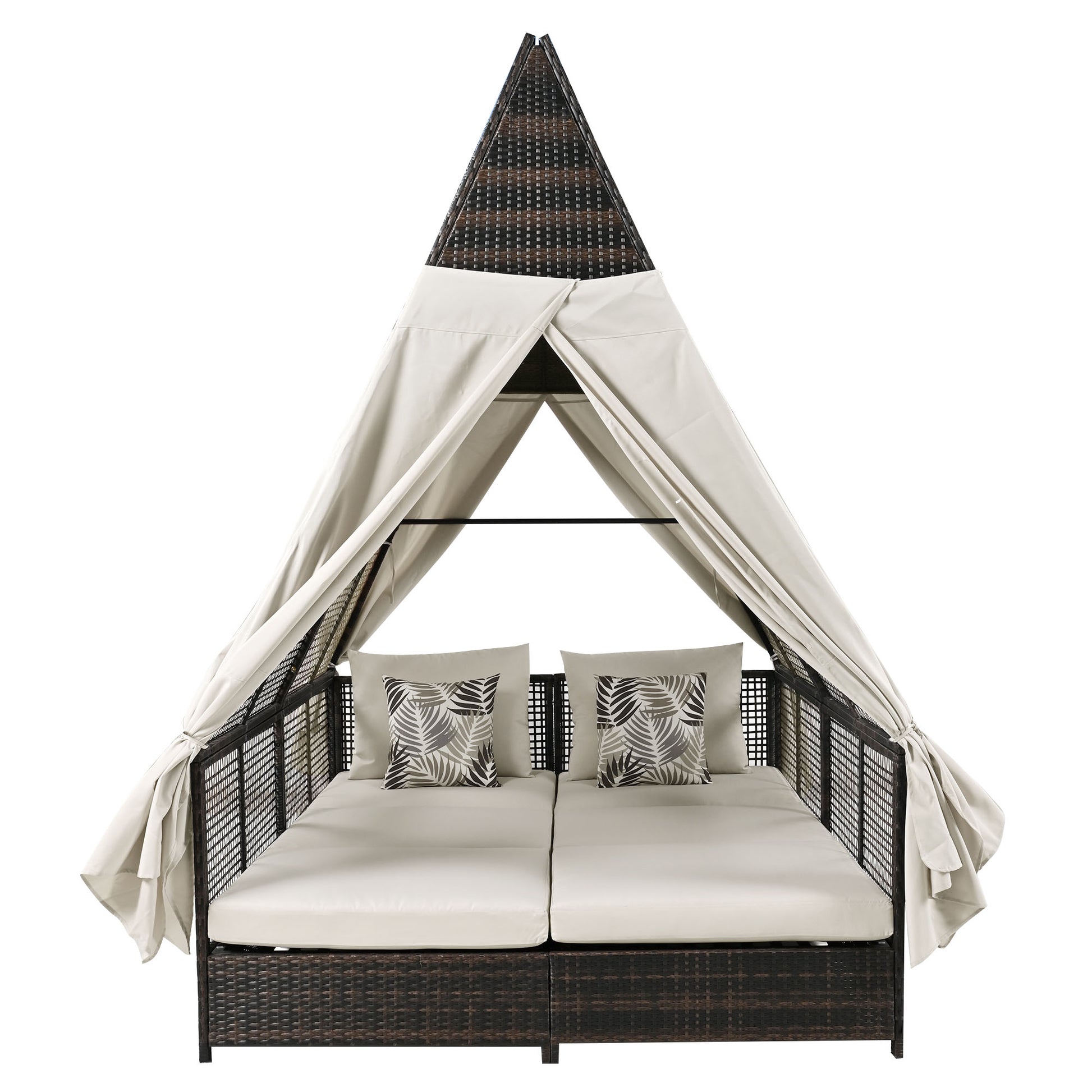 Outdoor Daybed Patio Lounge Bed With Adjustable Backrest Outdoor Double Sun Lounger With Curtains, 4 Pillows For Garden Patio Poolside Balcony Beach, Beige Yes Beige Water Resistant Frame Water Resistant Cushion Garden & Outdoor Sectional Seating Groups