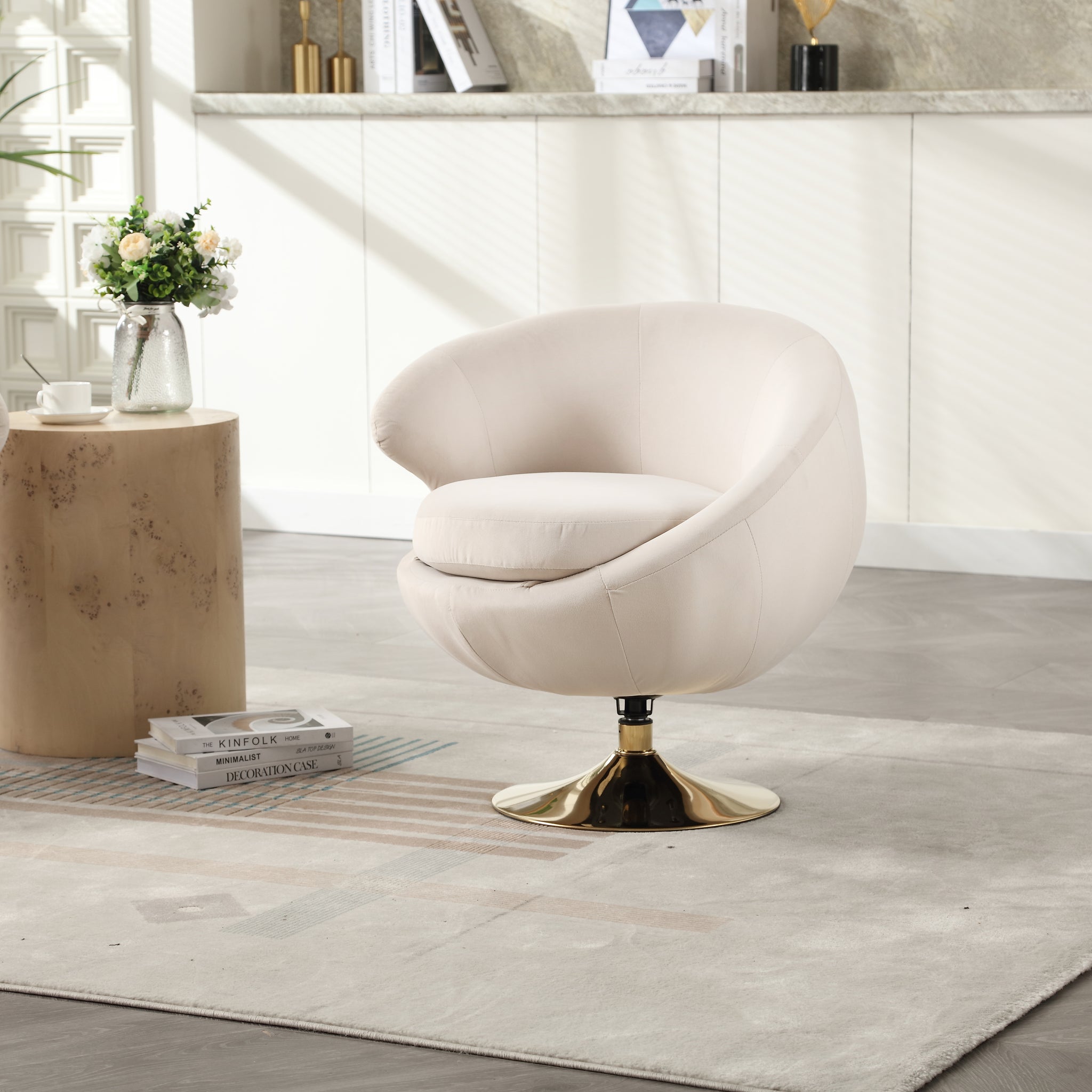 360 Degree Swivel Cuddle Barrel Accent Chairs, Round Armchairs With Wide Upholstered, Fluffy Fabric Chair For Living Room, Bedroom, Office, Waiting Rooms Beige Velvet