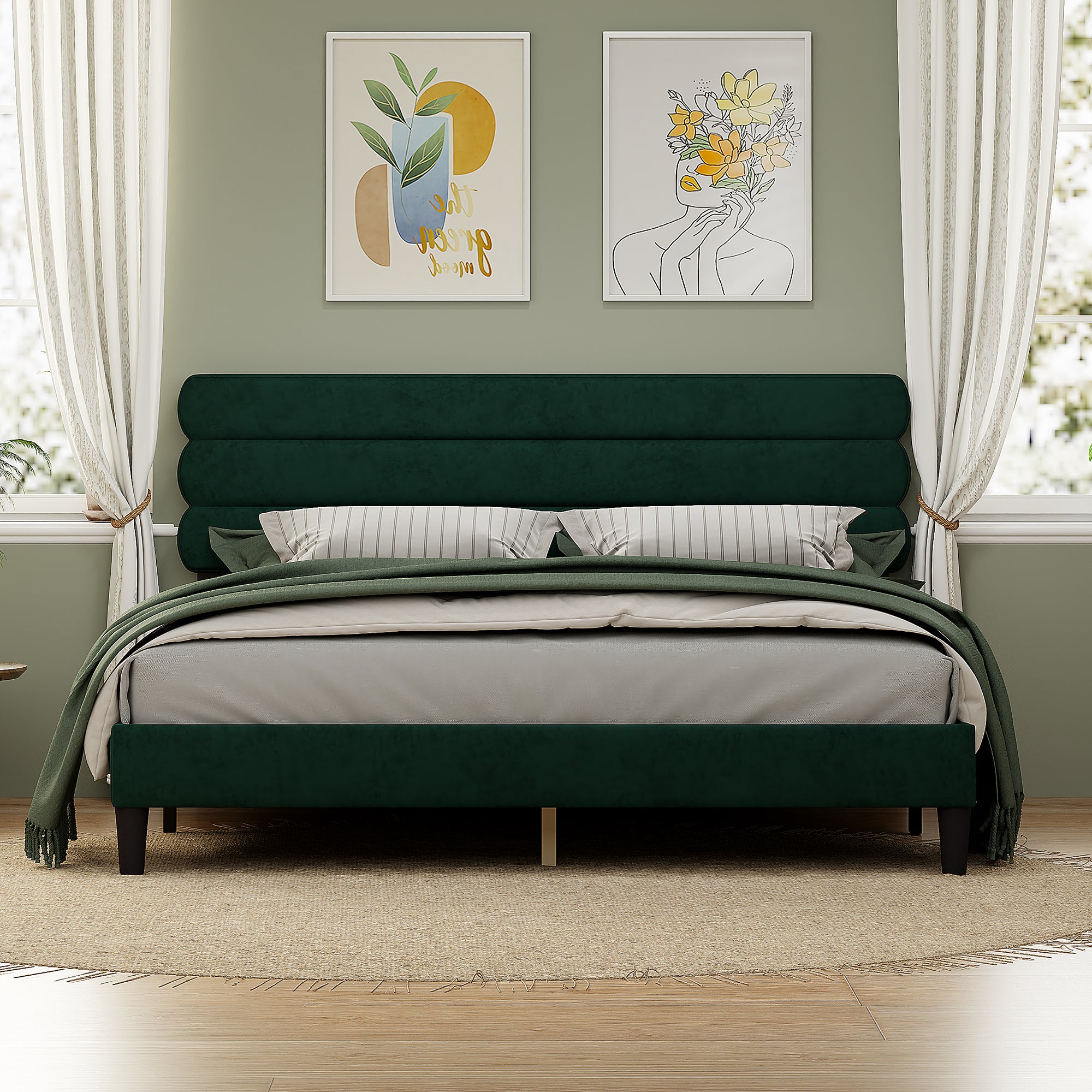 King Bed Frame With Headboard,Sturdy Platform Bed With Wooden Slats Support,No Box Spring,Mattress Foundation,Easy Assembly Green Green Wood