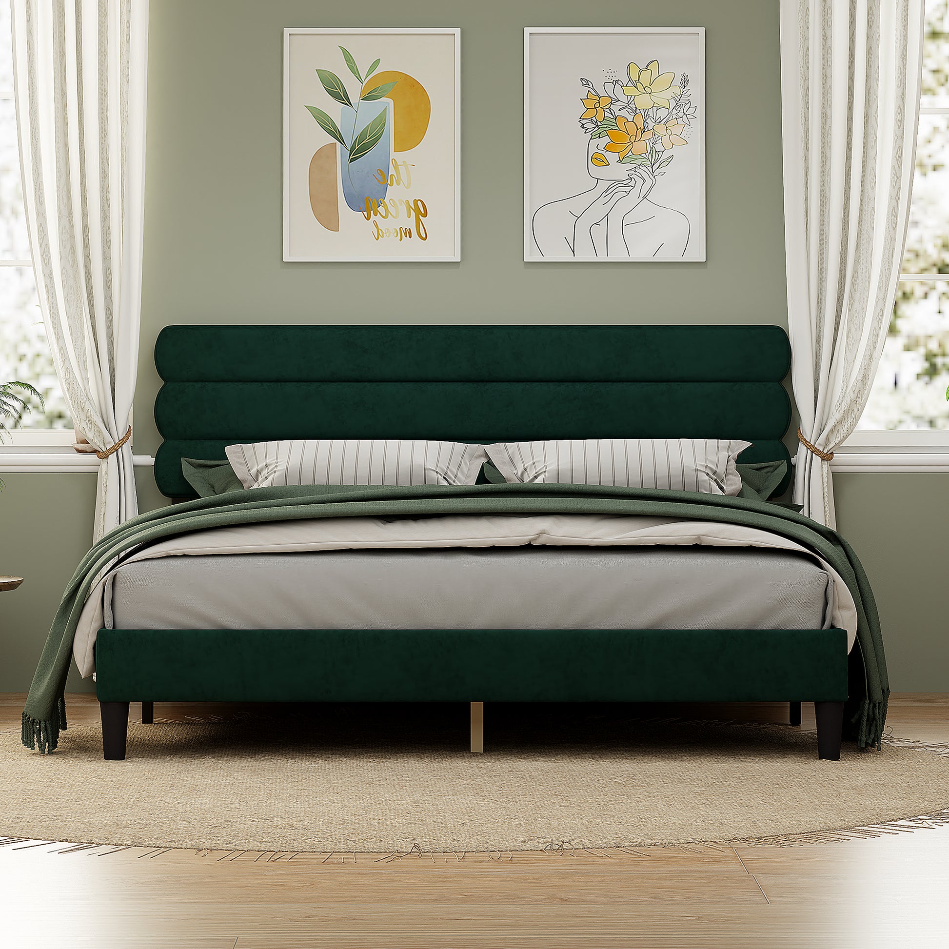 King Bed Frame With Headboard,Sturdy Platform Bed With Wooden Slats Support,No Box Spring,Mattress Foundation,Easy Assembly Green Green Wood
