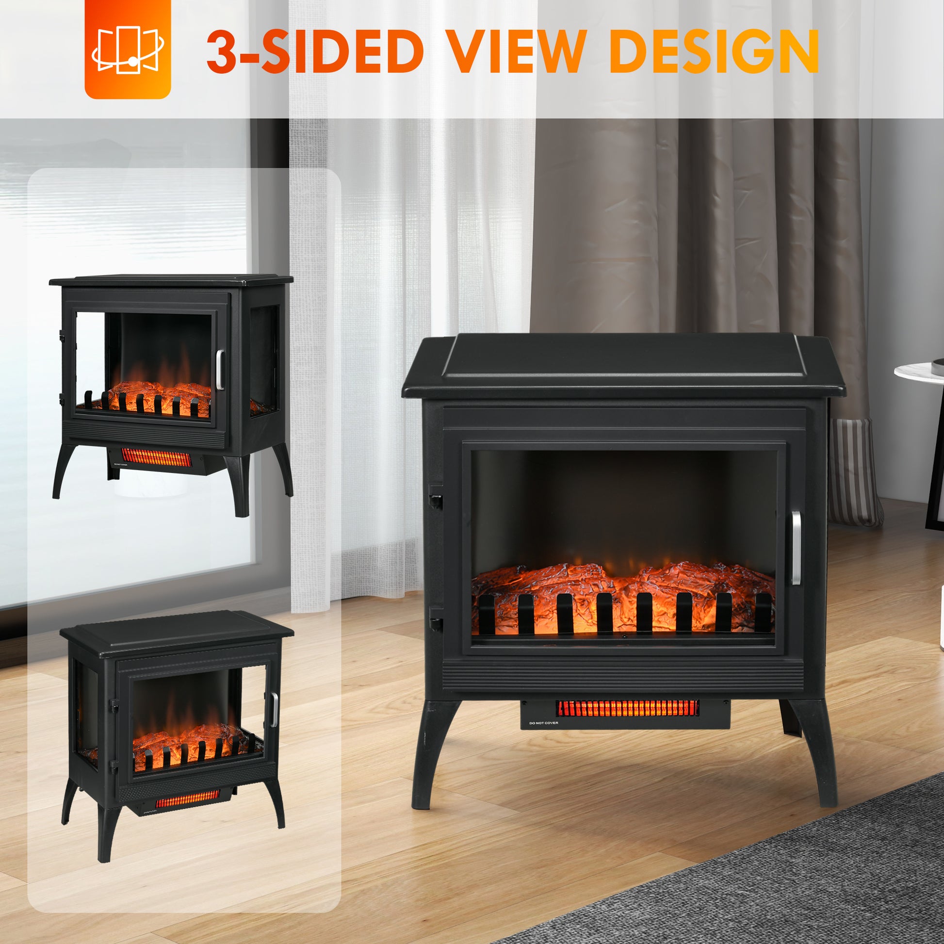 24" Electric Fireplace Stove, Freestanding Infrared Fire Place Heater With Realistic Logs Flame, Adjustable Temperature, Overheat Protection, 1000W 1500W, Black Black Abs