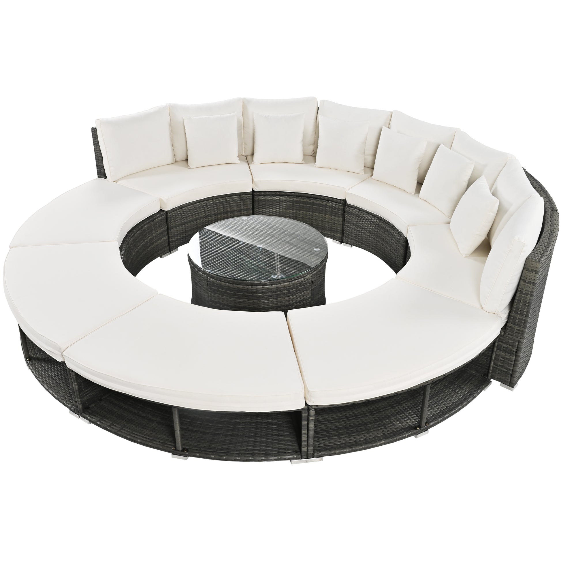 Outdoor Patio Furniture Luxury Circular Outdoor Sofa Set Rattan Wicker Sectional Sofa Lounge Set With Tempered Glass Coffee Table, 6 Pillows,Beige Yes Beige Water Resistant Frame Water Resistant Cushion Garden & Outdoor Sectional Seating Groups Foam