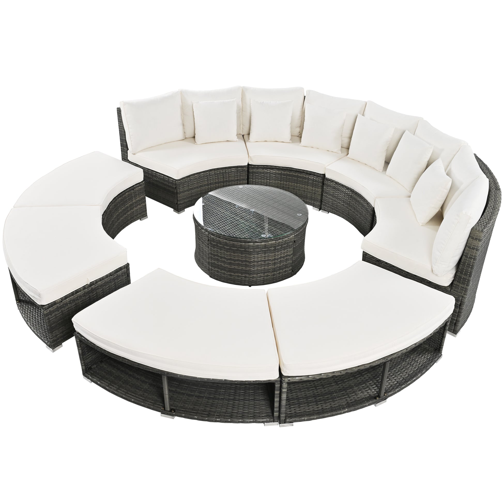 Outdoor Patio Furniture Luxury Circular Outdoor Sofa Set Rattan Wicker Sectional Sofa Lounge Set With Tempered Glass Coffee Table, 6 Pillows,Beige Yes Beige Water Resistant Frame Water Resistant Cushion Garden & Outdoor Sectional Seating Groups Foam