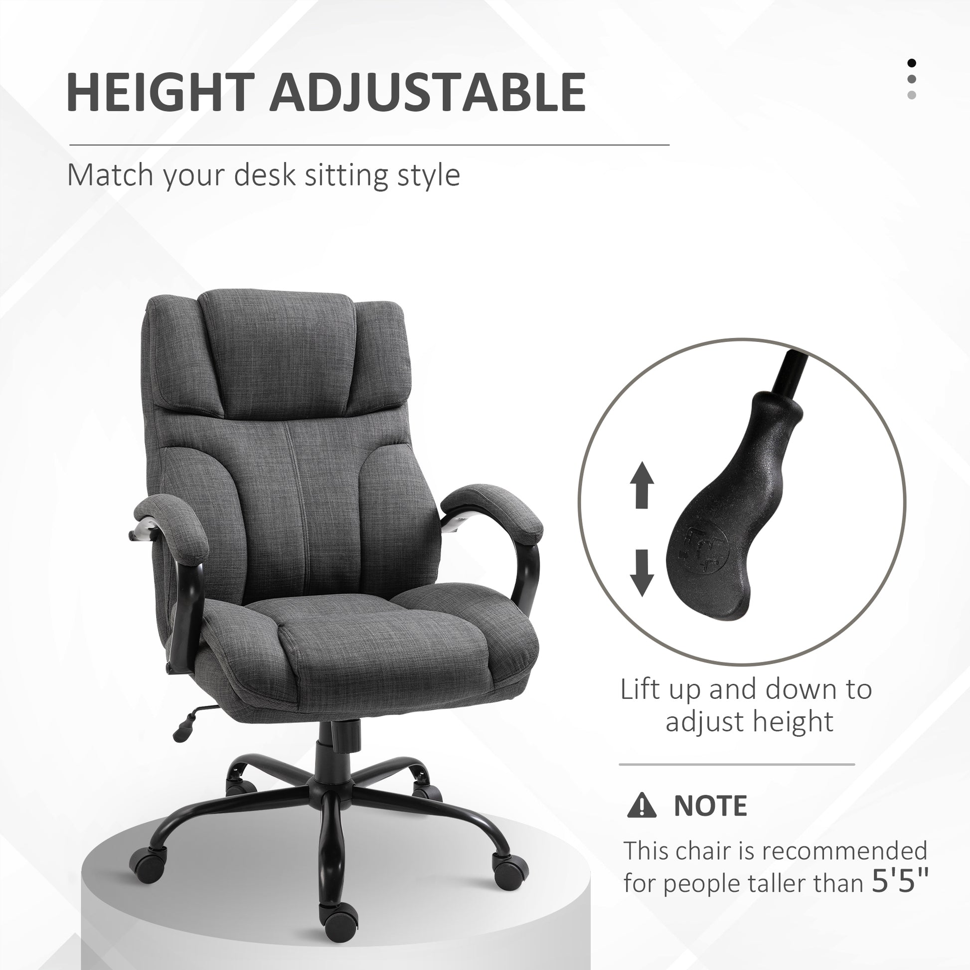 500Lbs Big And Tall Office Chair With Wide Seat, Ergonomic Executive Computer Chair With Adjustable Height, Swivel Wheels And Linen Finish, Dark Grey Grey Polyester