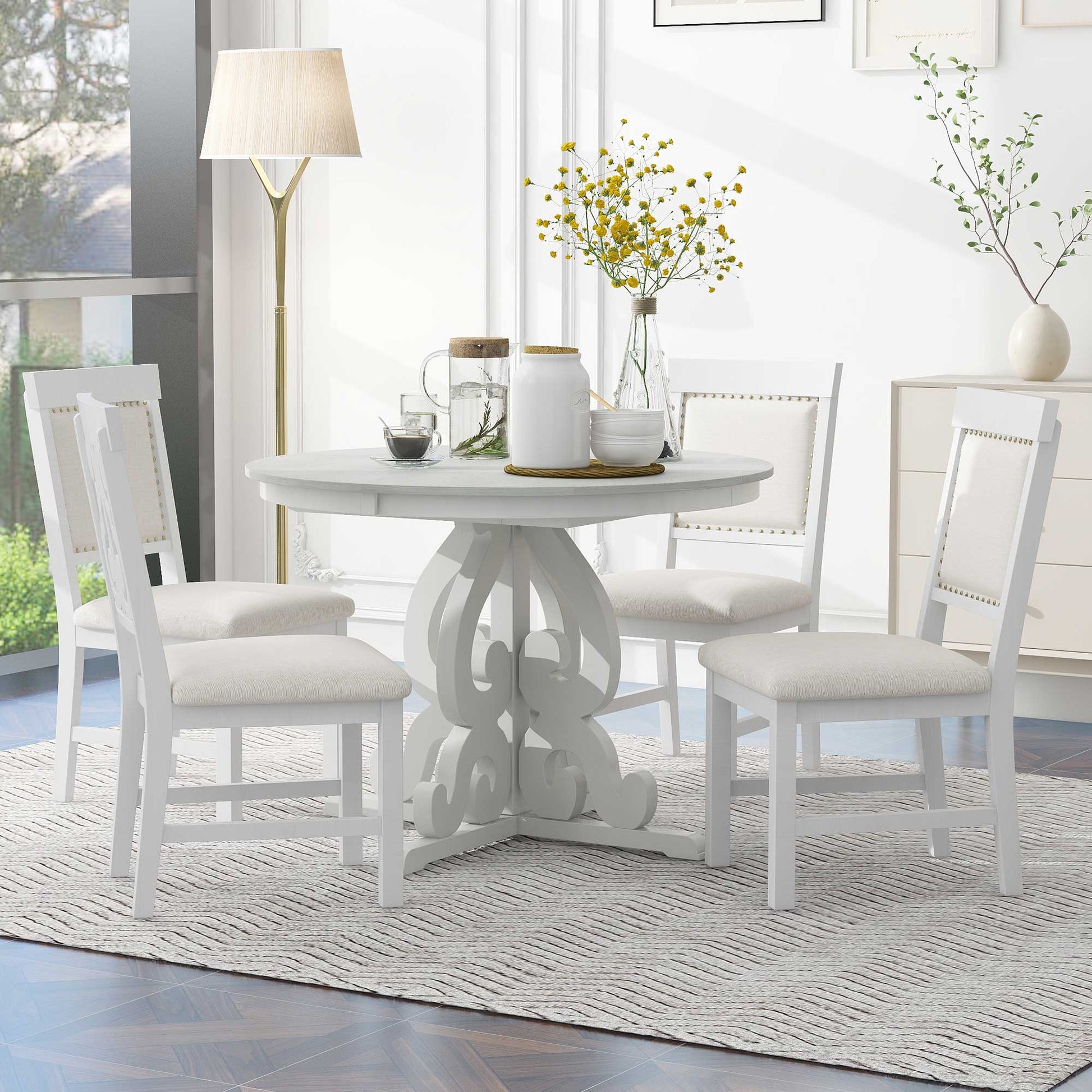 5 Piece Retro Functional Dining Set, 1 Extendable Table With A 16 Inch Leaf And 4 Upholstered Chairs For Dining Room And Kitchen Antique White Antique White Solid Wood