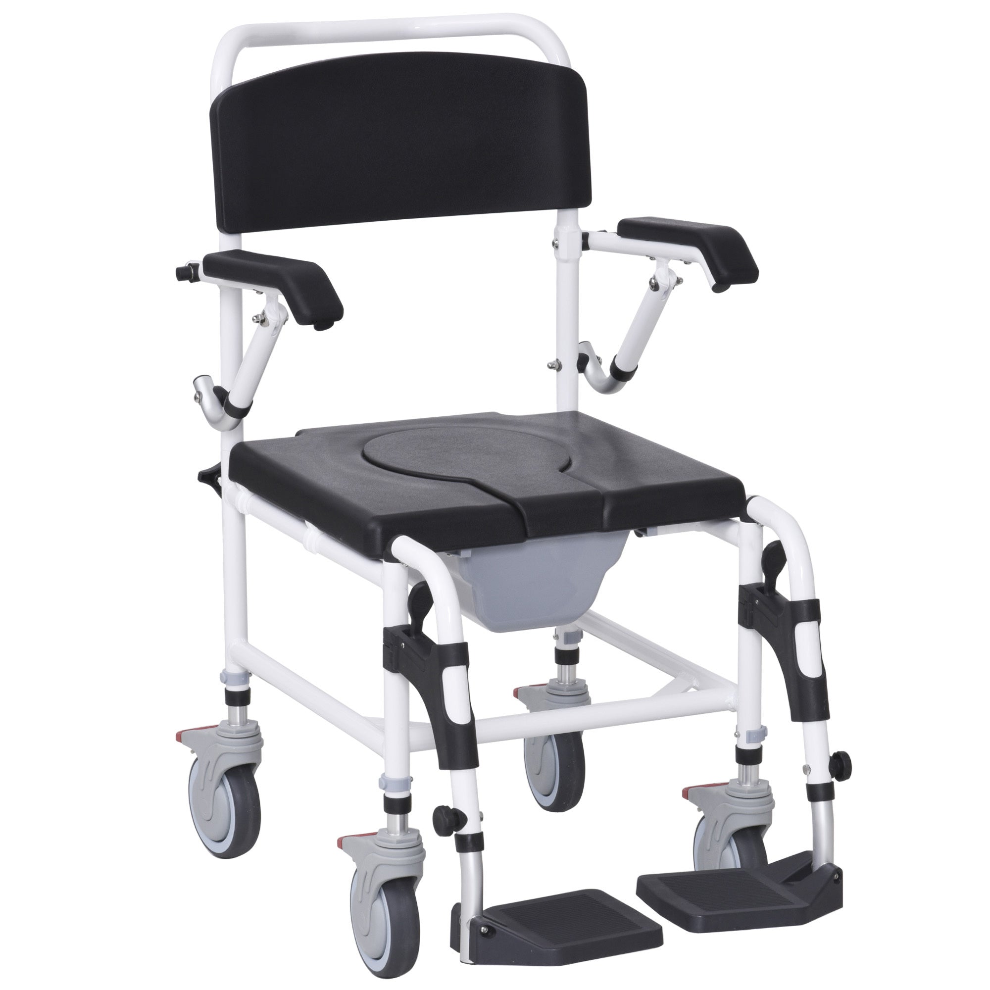 Accessibility Commode Wheelchair, Rolling Shower Wheelchair With 4 Castor Wheels, Rectangle Detachable Bucket, & Waterproof Design, 17" Seat Width, Black Black Pu Leather