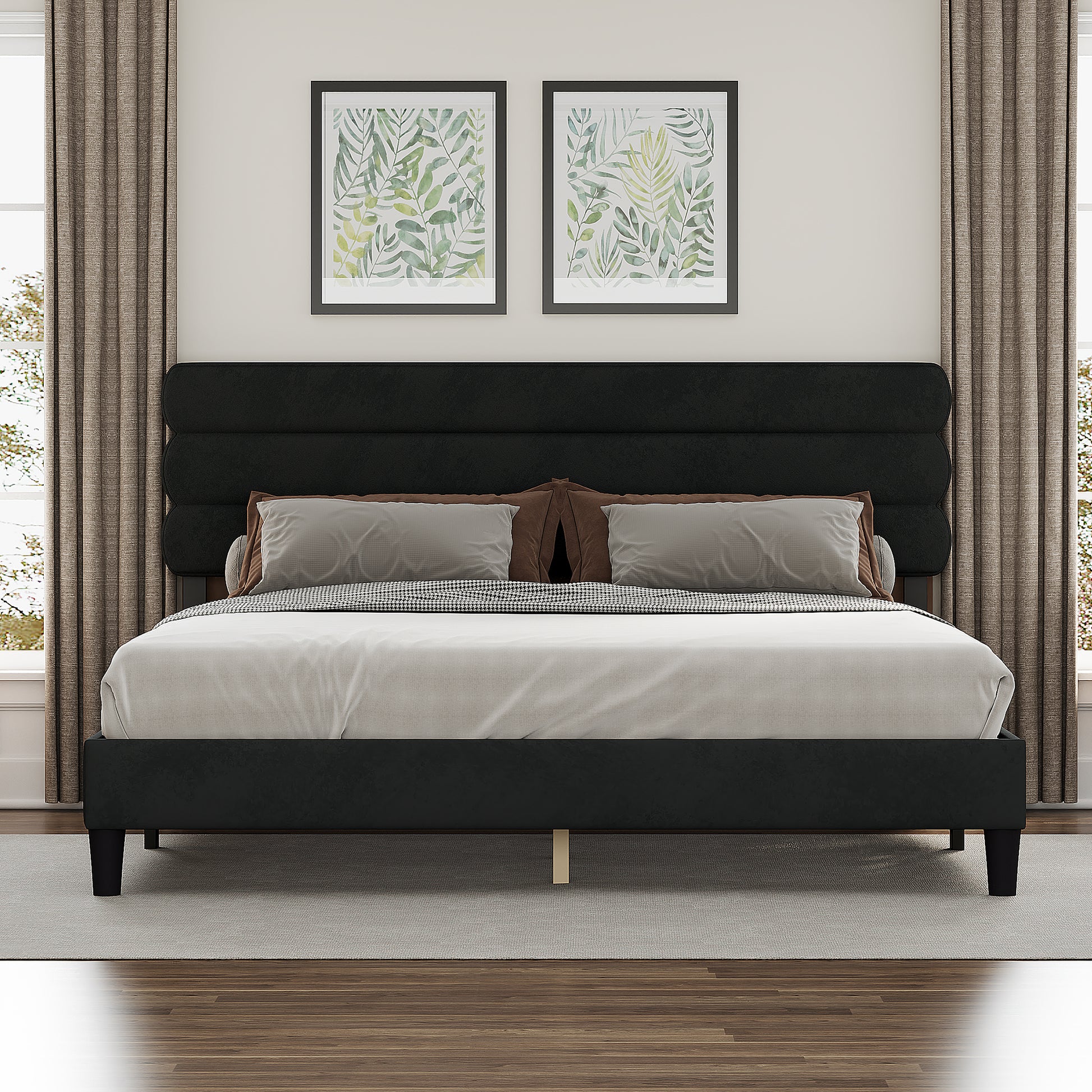 King Bed Frame With Headboard,Sturdy Platform Bed With Wooden Slats Support,No Box Spring,Mattress Foundation,Easy Assembly Dark Grey Dark Grey Wood