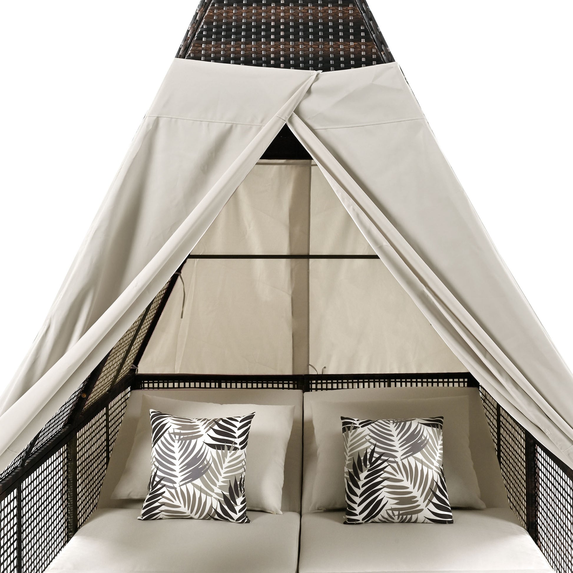 Outdoor Daybed Patio Lounge Bed With Adjustable Backrest Outdoor Double Sun Lounger With Curtains, 4 Pillows For Garden Patio Poolside Balcony Beach, Beige Yes Beige Water Resistant Frame Water Resistant Cushion Garden & Outdoor Sectional Seating Groups