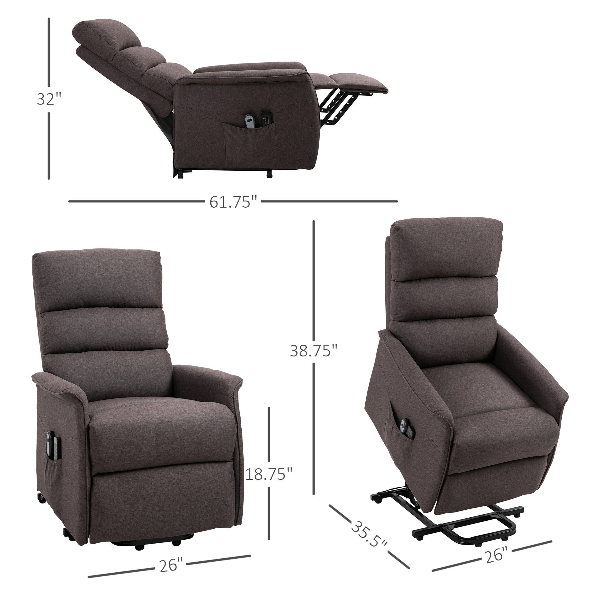 Electric Power Lift Recliner Chair For Elderly, Fabric Lift Chair With Remote Control, Side Pockets For Living Room, Brown Brown Polyester