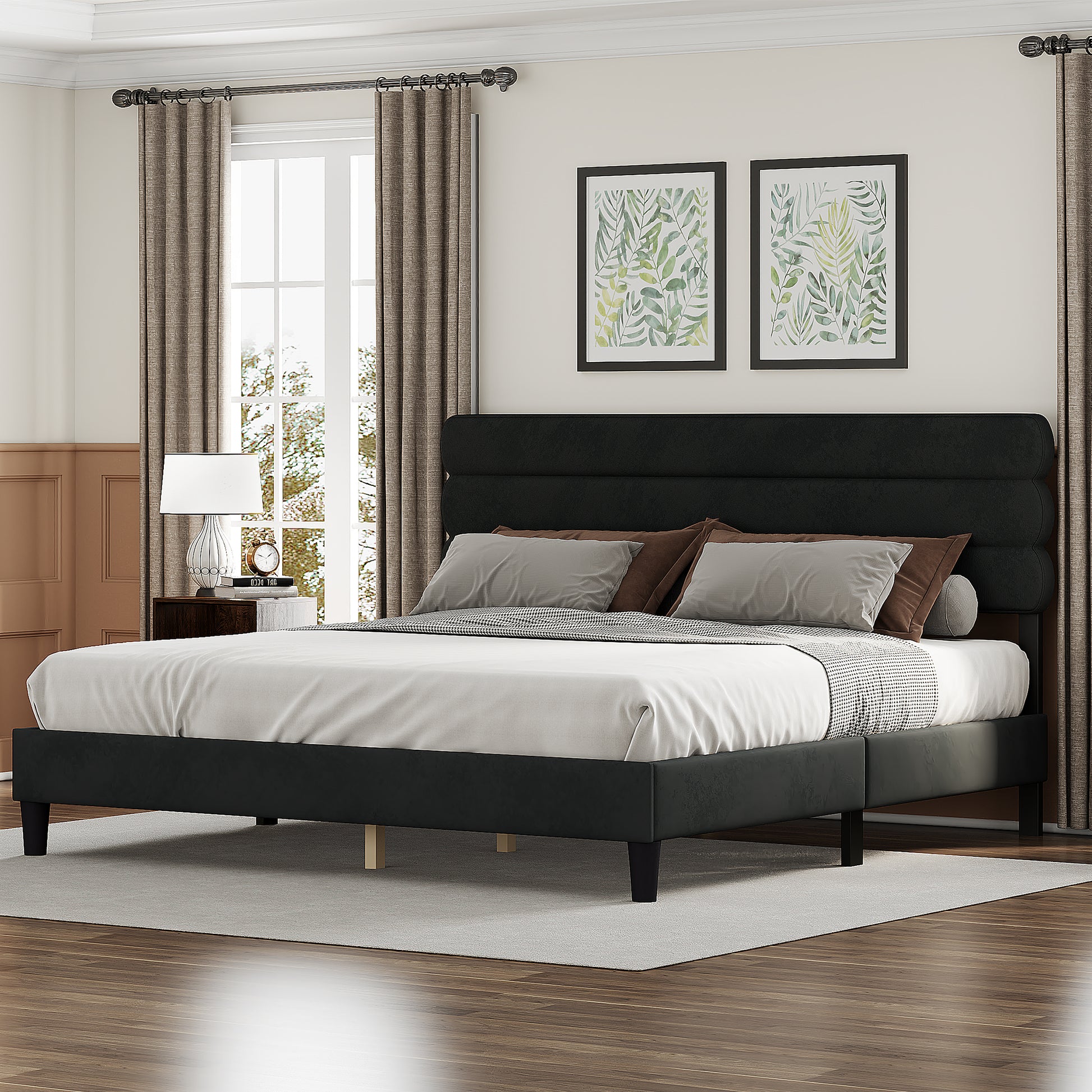 King Bed Frame With Headboard,Sturdy Platform Bed With Wooden Slats Support,No Box Spring,Mattress Foundation,Easy Assembly Dark Grey Dark Grey Wood