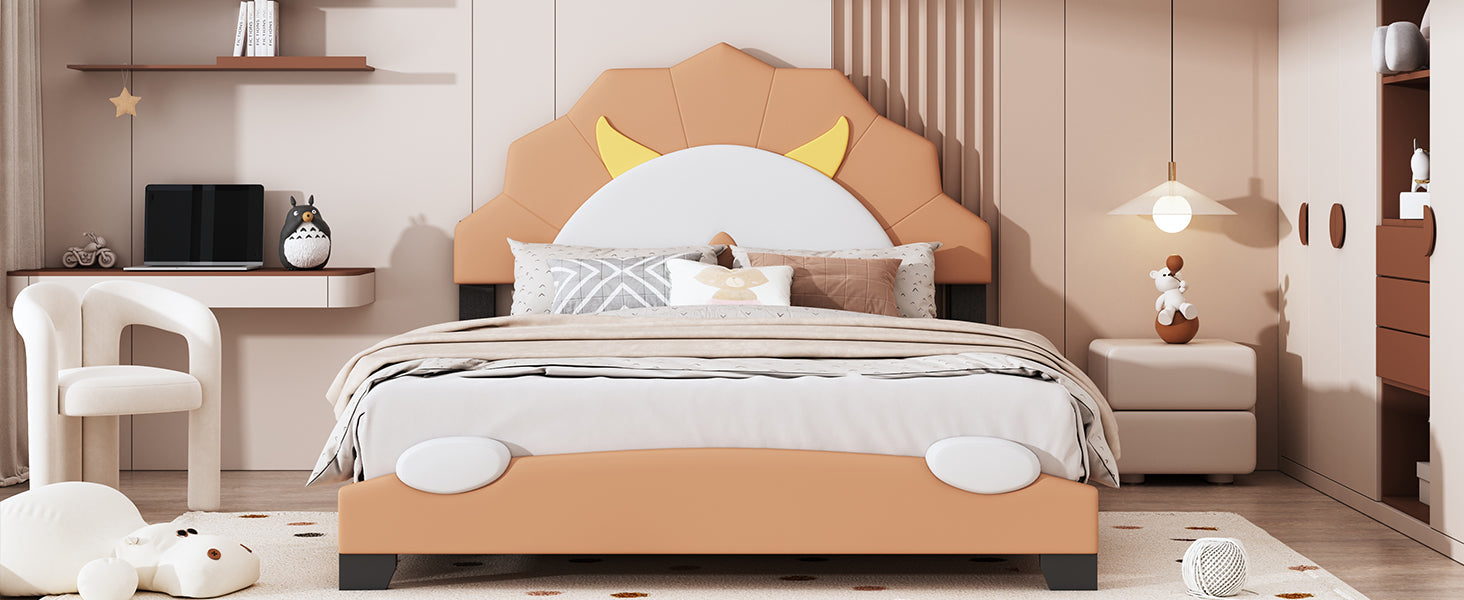 Full Size Upholstered Leather Platform Bed With Lion Shaped Headboard, Brown Brown Upholstered
