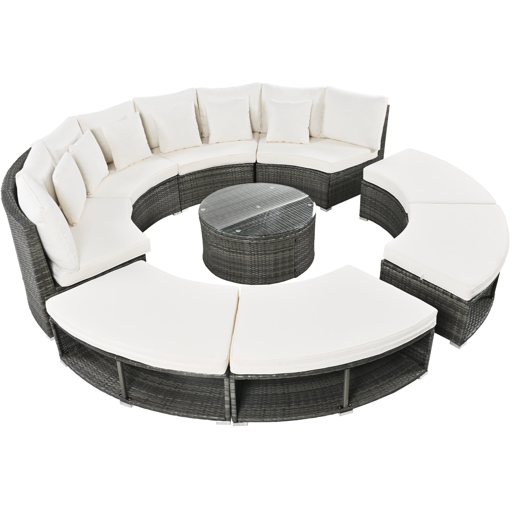Outdoor Patio Furniture Luxury Circular Outdoor Sofa Set Rattan Wicker Sectional Sofa Lounge Set With Tempered Glass Coffee Table, 6 Pillows,Beige Yes Beige Water Resistant Frame Water Resistant Cushion Garden & Outdoor Sectional Seating Groups Foam
