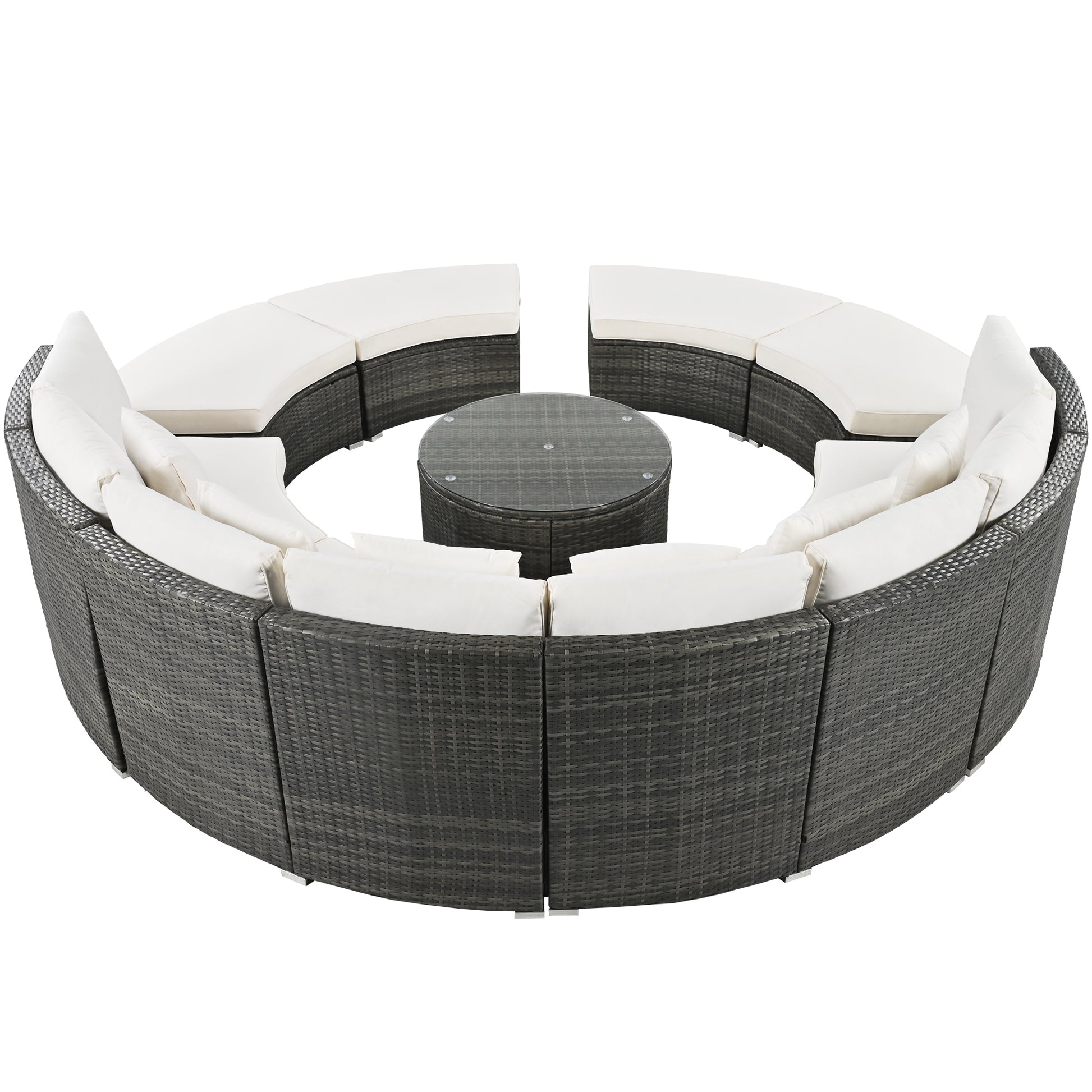 Outdoor Patio Furniture Luxury Circular Outdoor Sofa Set Rattan Wicker Sectional Sofa Lounge Set With Tempered Glass Coffee Table, 6 Pillows,Beige Yes Beige Water Resistant Frame Water Resistant Cushion Garden & Outdoor Sectional Seating Groups Foam