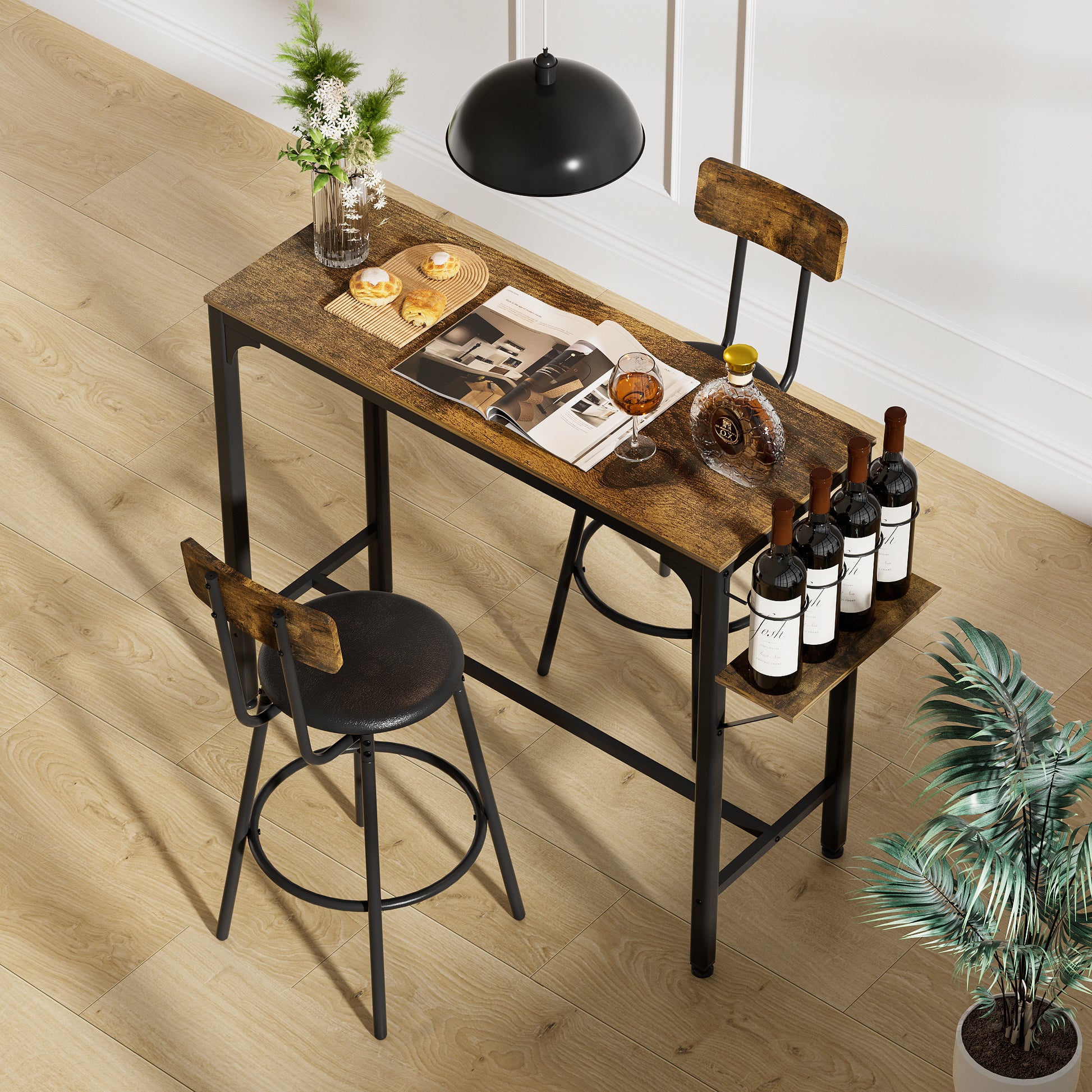 Wood Top Metal Base Side Table Industrial Bar Table With Two Chair Adjustable Table Base Bistro Whiskey Pub Table,47.44"W X 15.75"D X 35.43"H Metal Wood Antique Brown Seats 2 Metal Dining Room Square Metal & Wood