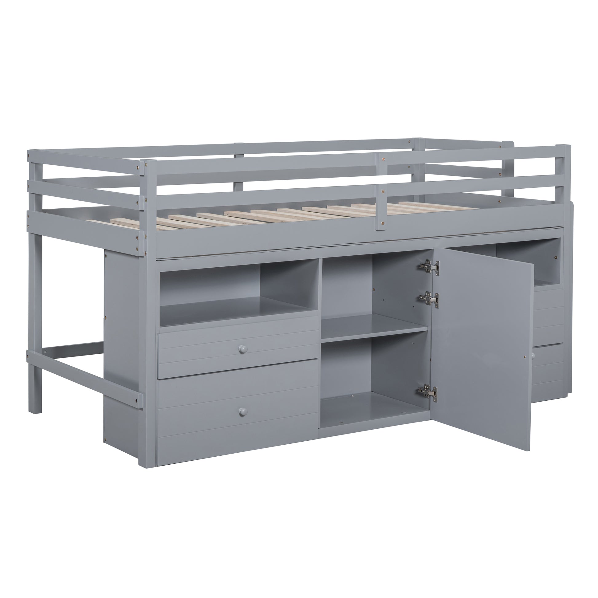 Twin Size Loft Bed With 4 Drawers, Underneath Cabinet And Shelves, Gray Gray Solid Wood Mdf