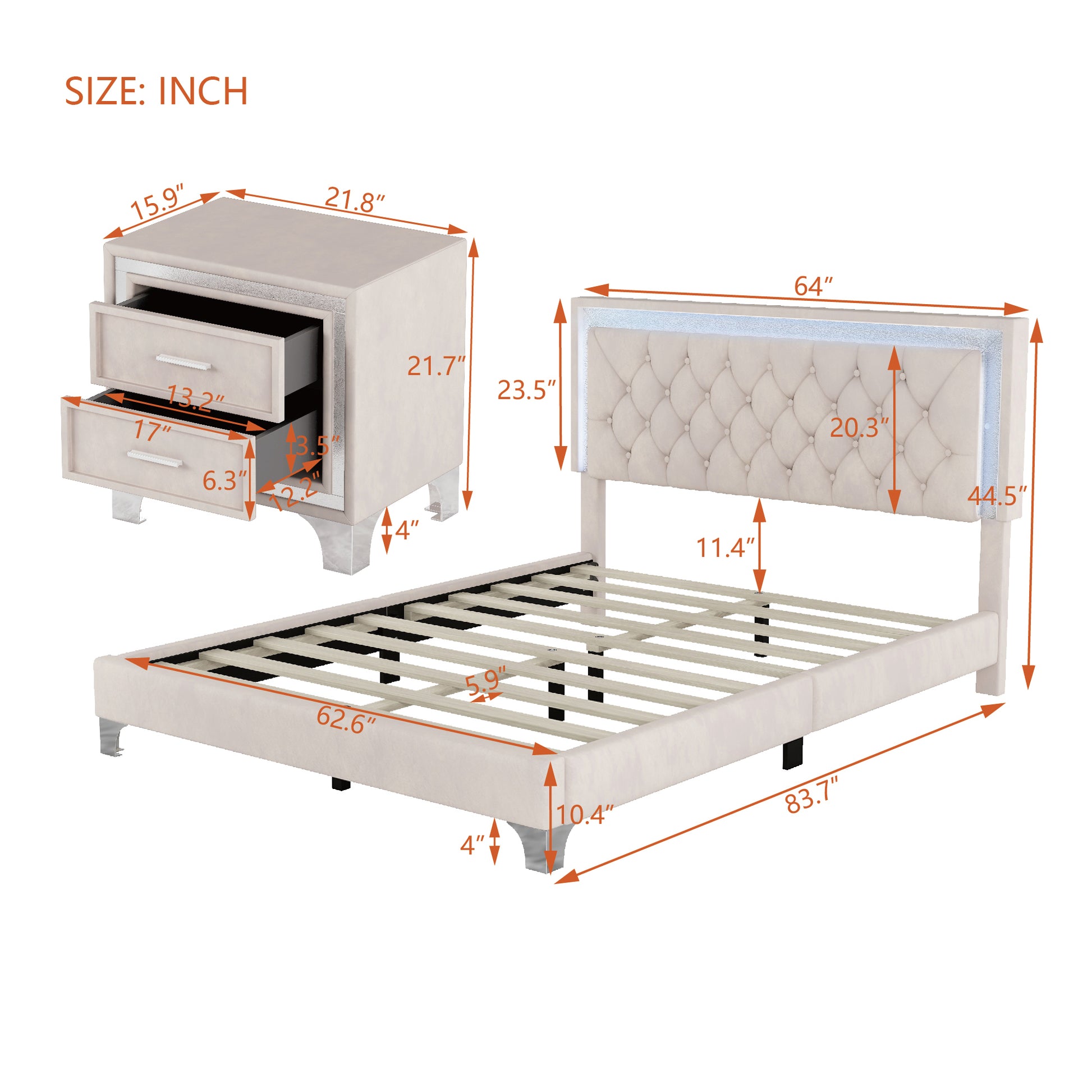 3 Pieces Bedroom Sets,Queen Size Upholstered Platform Bed With Led Lights And Two Nightstands Beige Beige Velvet