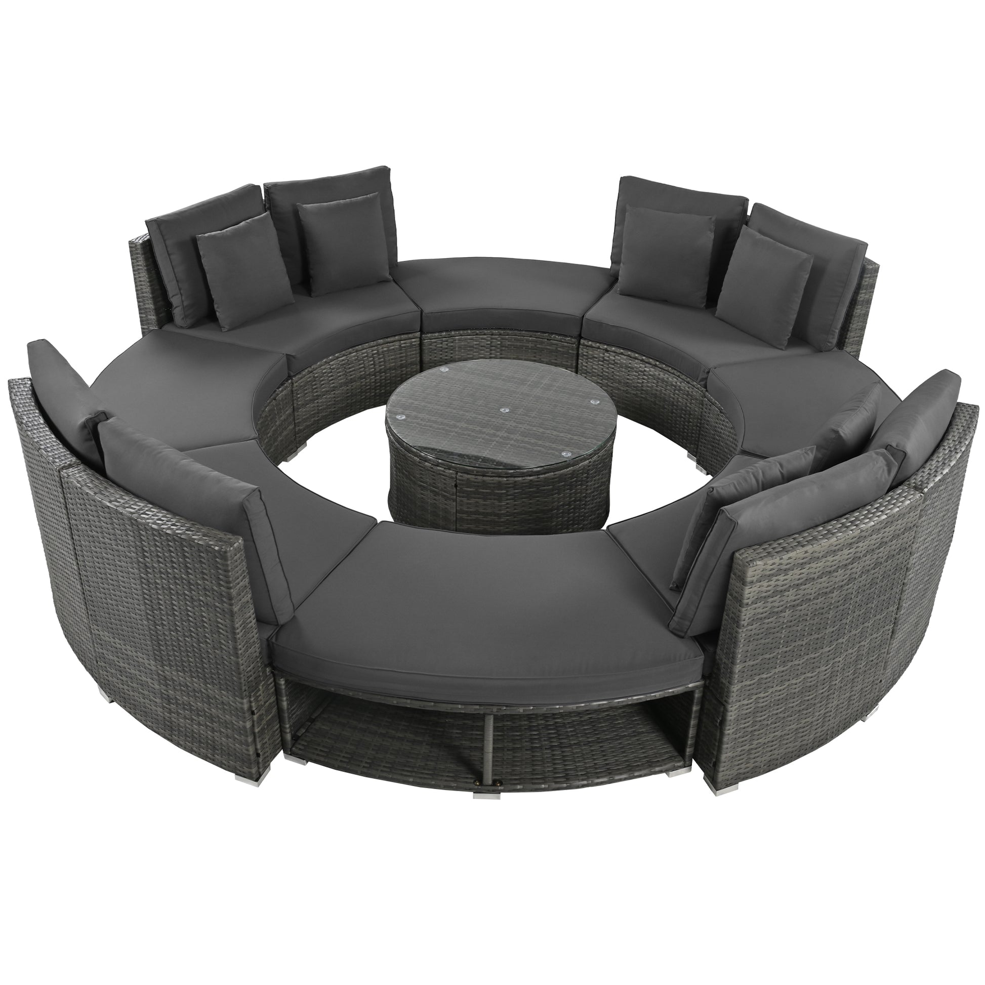 Outdoor Patio Furniture Luxury Circular Outdoor Sofa Set Rattan Wicker Sectional Sofa Lounge Set With Tempered Glass Coffee Table, 6 Pillows, Grey Yes Grey Water Resistant Frame Water Resistant Cushion Garden & Outdoor Sectional Seating Groups Foam