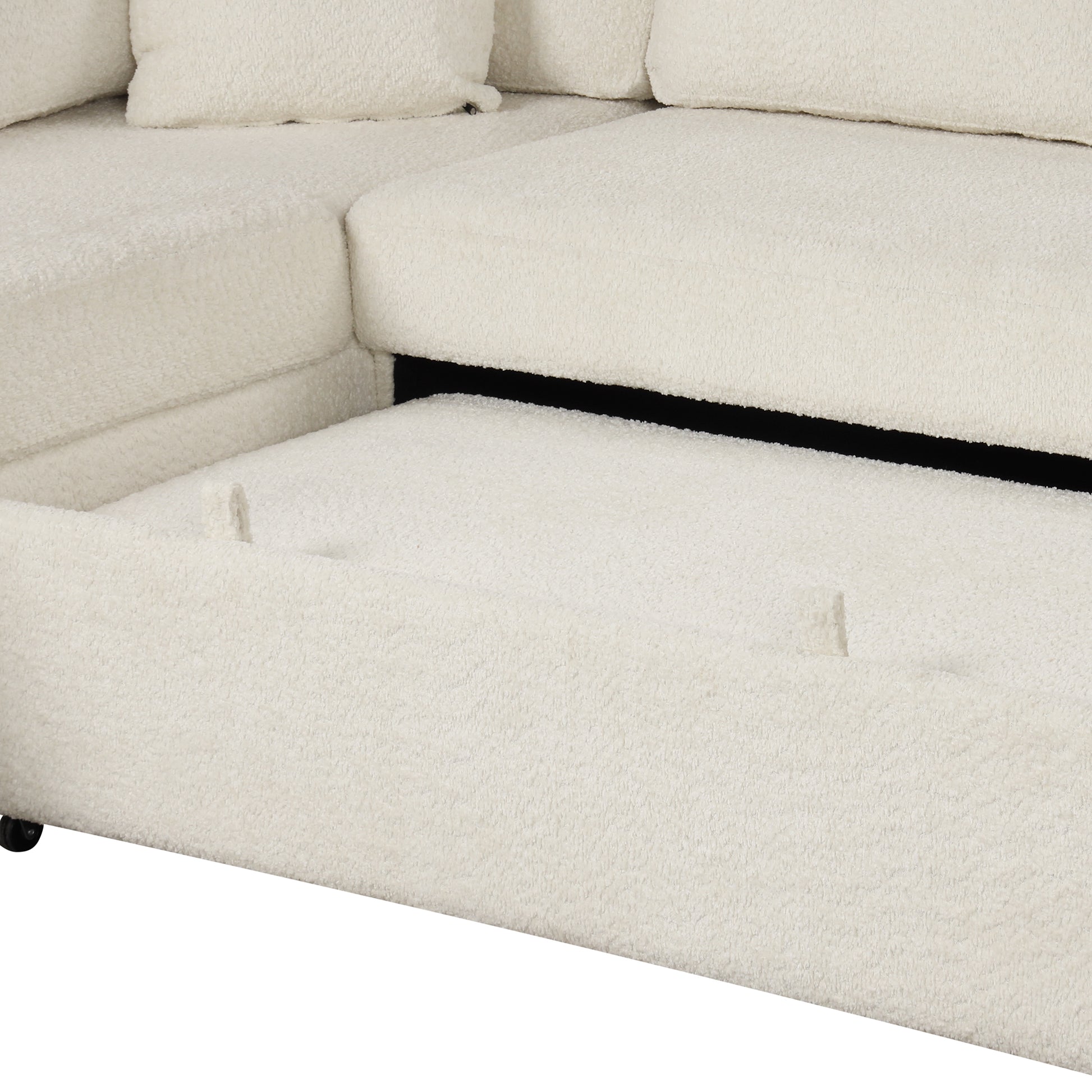 87.7" Convertible Sleeper, Sectional Pull Out Sofa Bed With Storage Ottoman, 2 Throw Pillows, 2 Stools, Wireless Charger And Two Hidden Usb Ports For Living Room, Cream Cream Chenille 4 Seat