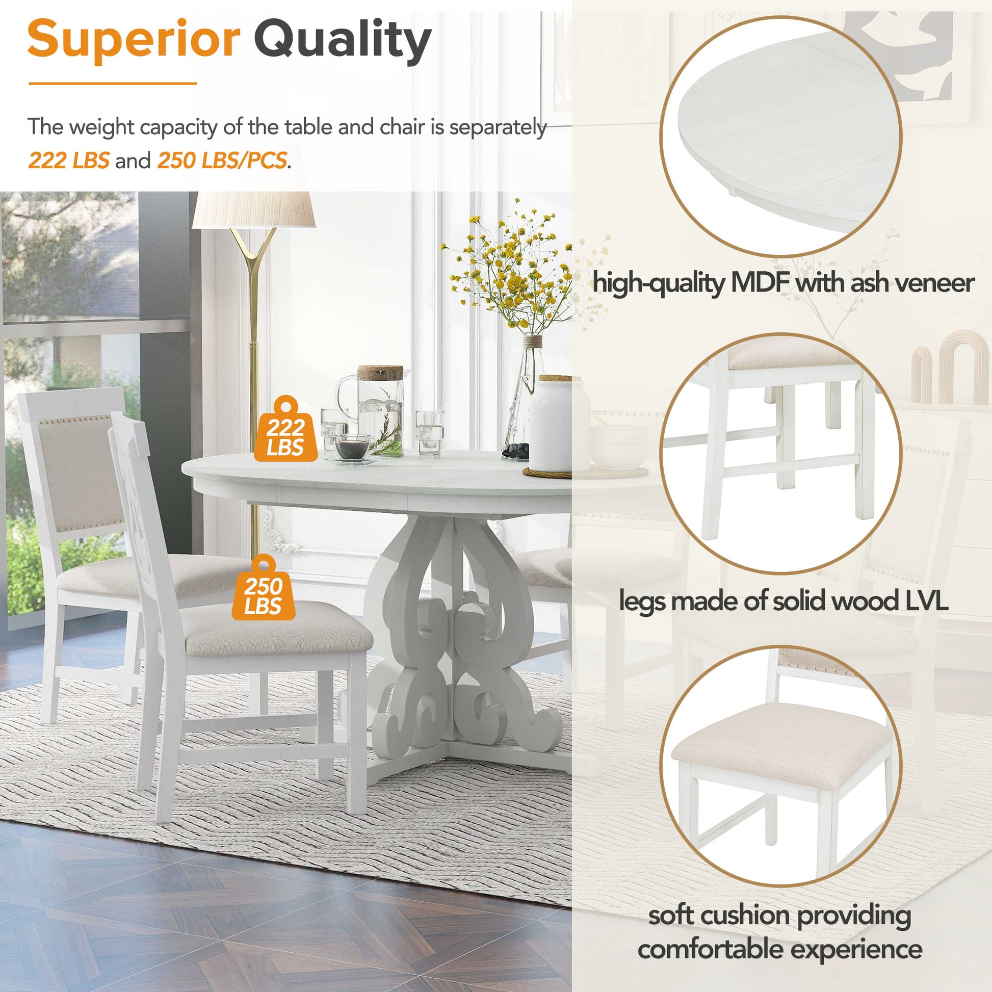 5 Piece Retro Functional Dining Set, 1 Extendable Table With A 16 Inch Leaf And 4 Upholstered Chairs For Dining Room And Kitchen Antique White Antique White Solid Wood
