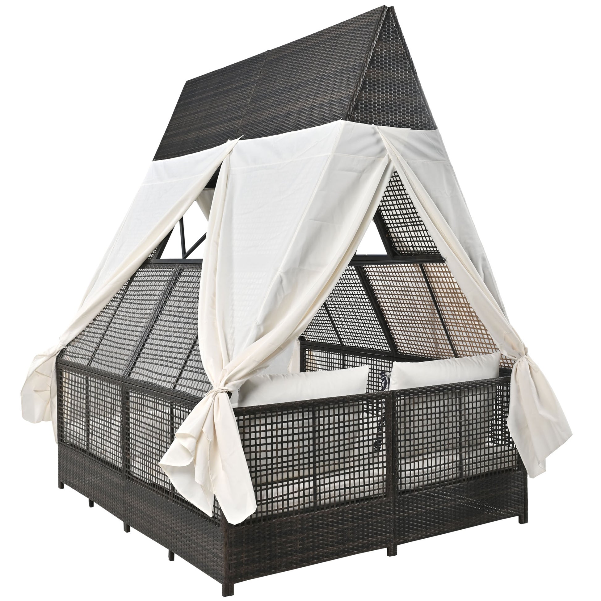 Outdoor Daybed Patio Lounge Bed With Adjustable Backrest Outdoor Double Sun Lounger With Curtains, 4 Pillows For Garden Patio Poolside Balcony Beach, Cream Yes Cream Water Resistant Frame Water Resistant Cushion Garden & Outdoor Sectional Seating Groups