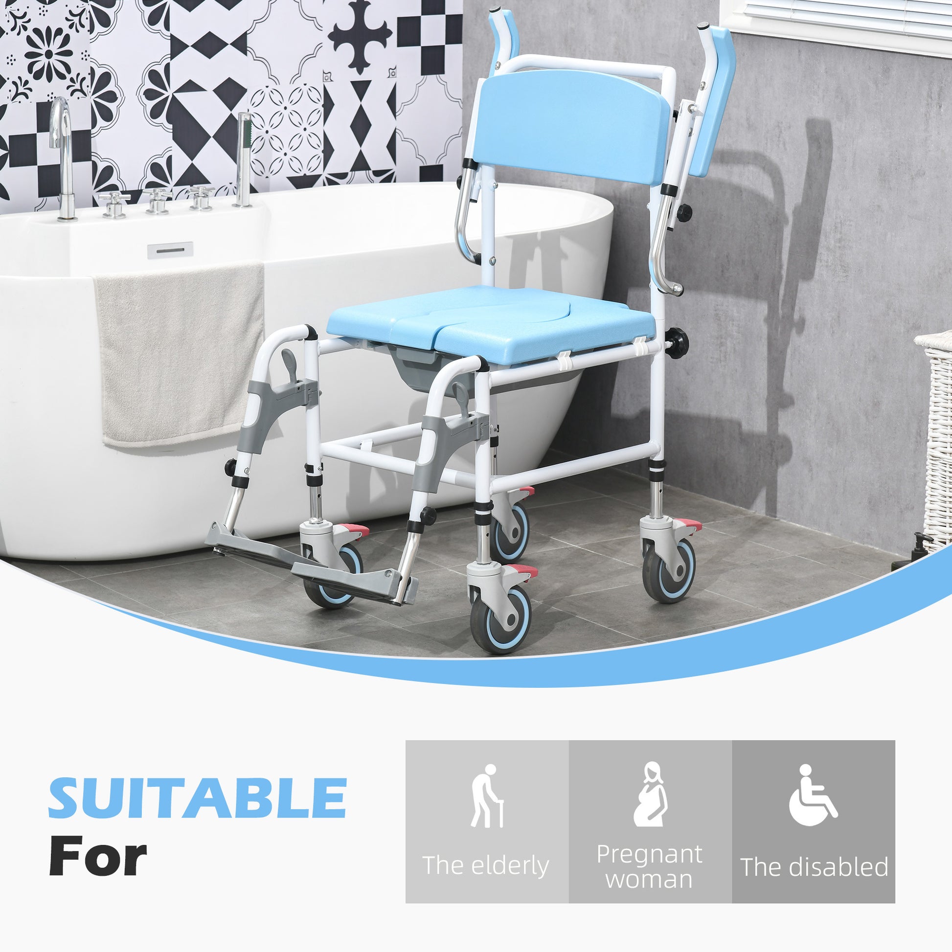 Accessibility Commode Wheelchair, Rolling Shower Wheelchair With 4 Castor Wheels, Rectangle Detachable Bucket, & Waterproof Design, 17" Seat Width, Blue Blue Pu Leather