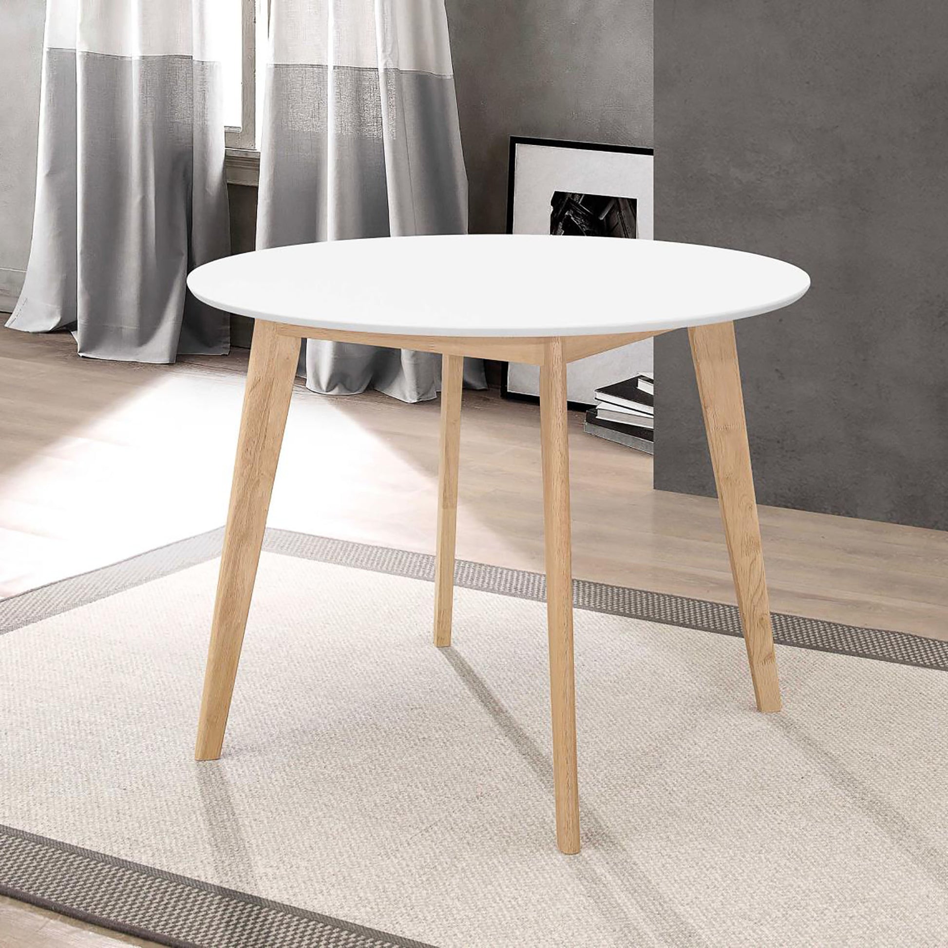 Matte White And Natural Round Dining Table White Primary Living Space Mid Century Modern Tabeltop Rubberwood Round Kitchen & Dining Tables Wood