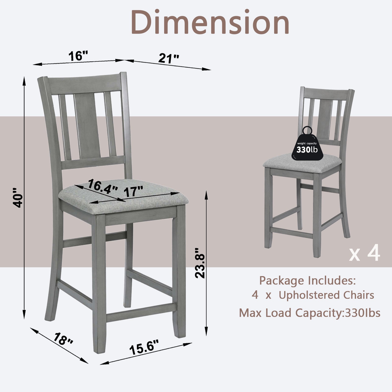 Dining Room Furniture Counter Height Chairs Set Of 4, Kitchen Chair With Padded Seatupholstered Side Chair For Dining Room, Living Room, Gray Wood Gray Solid Back Seats 4 Dining Room Rubberwood Rubber Wood