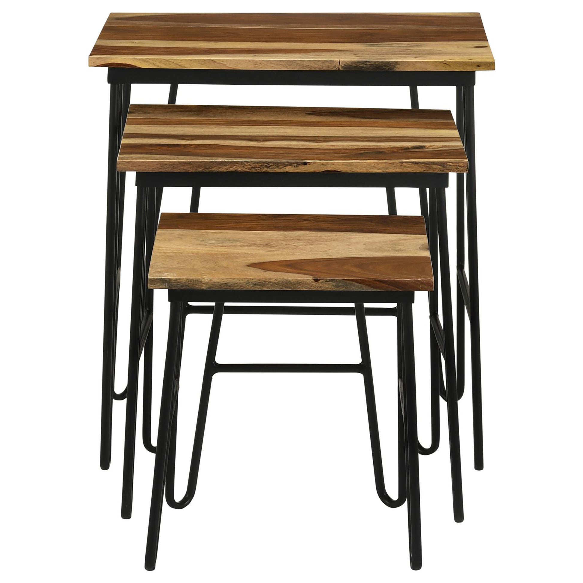 Natural And Black 3 Piece Nesting Table With Hairpin Legs Brown Primary Living Space Industrial Sheesham Rectangular Coffee & End Tables Wood Hairpin