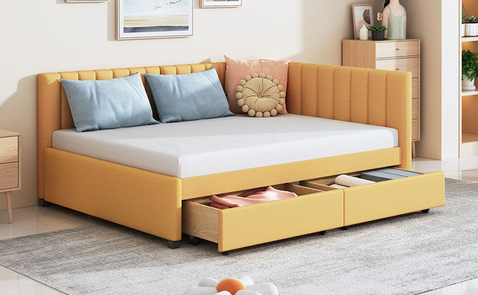 Full Size Upholstered Daybed With 2 Storage Drawers Sofa Bed Frame No Box Spring Needed, Linen Fabric Yellow Yellow Linen