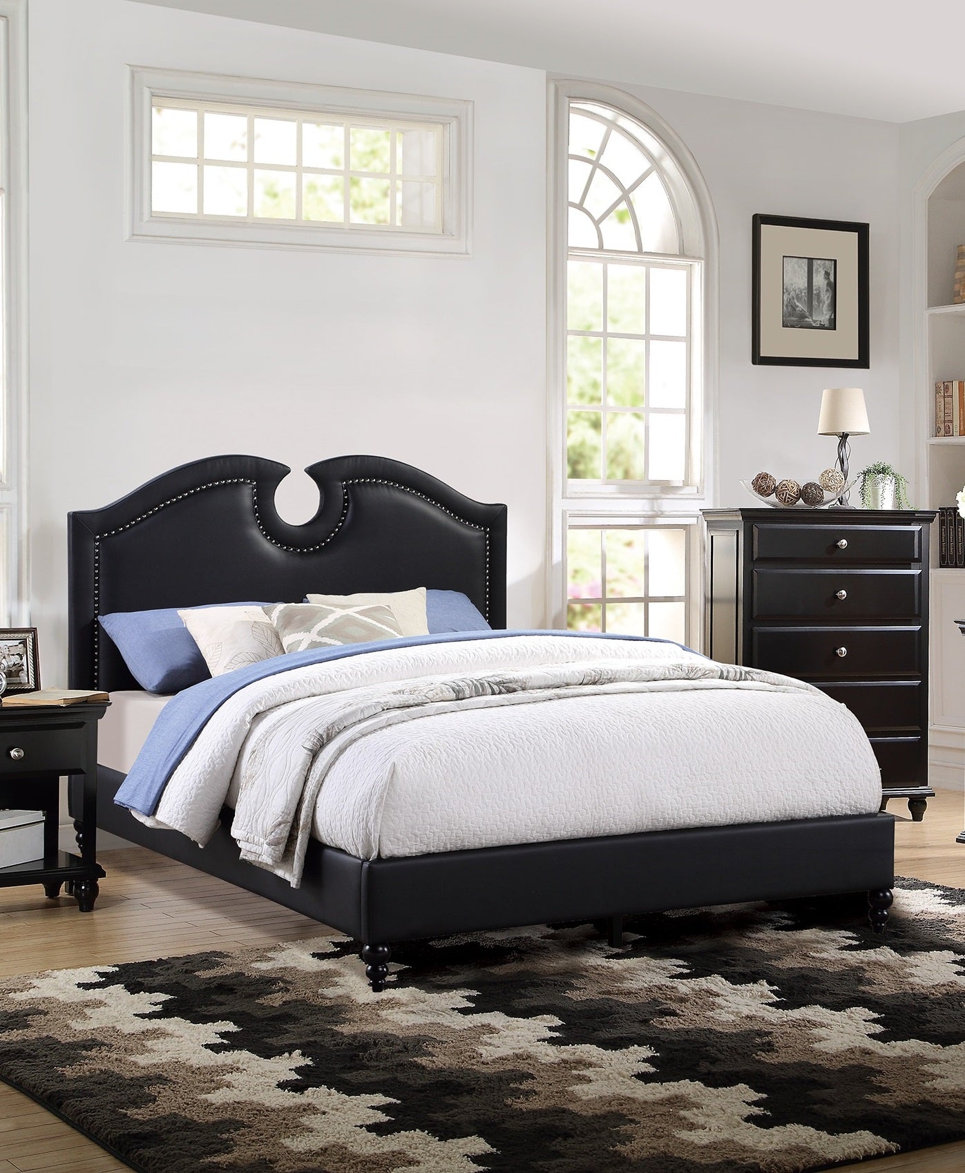 Black Faux Leather Unique Design Headboard 1Pc Queen Size Bed Bedroom Furniture Upholstered Modern Bedframe Box Spring Not Required Queen Black Wood Bedroom Contemporary,Modern,Transitional Bed Frame Faux Leather