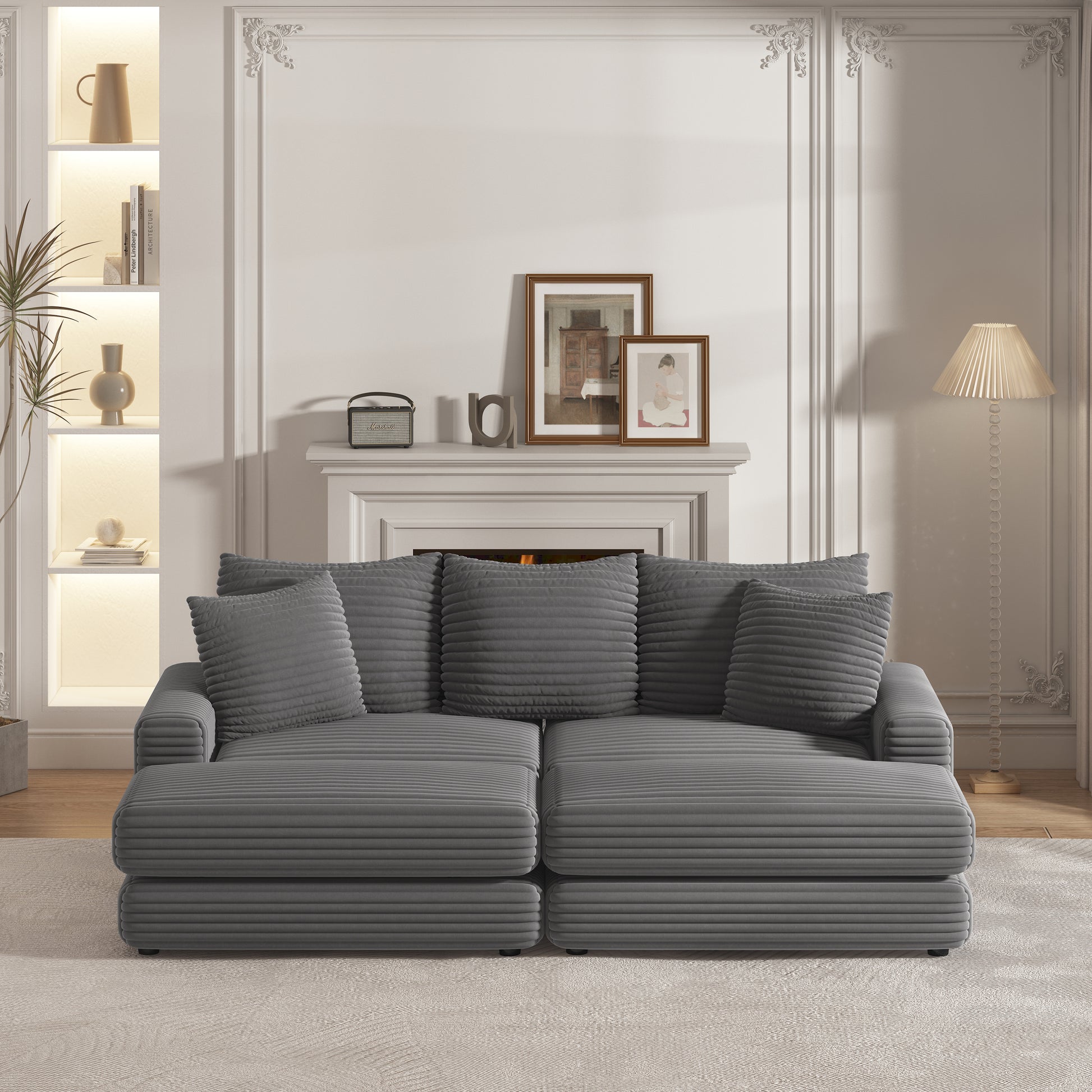 86.6 Inch Corduroy 3 Seater Sofa With 3 Back Pillows2 Toss Pillows And Two Ottoman ,Comfy Sofa Deep Seat Couch For Living Room Grey Corduroy