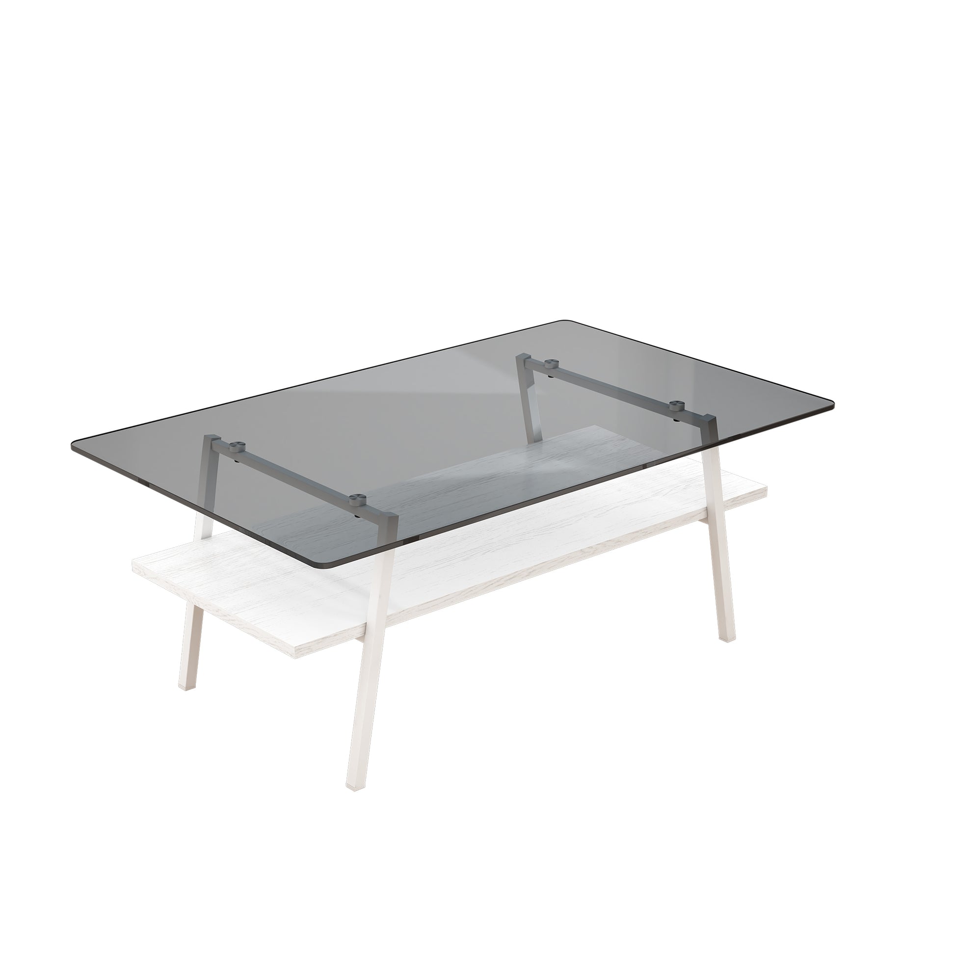 Rectangle Coffee Table, Tempered Glass Tabletop With White Metal Legs, Modern Table For Living Roomgray Glass Gray Tempered Glass